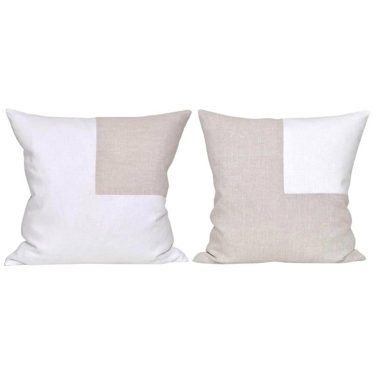 Pair of Large Contemporary Irish Linen Pillows with Vintage Patch White