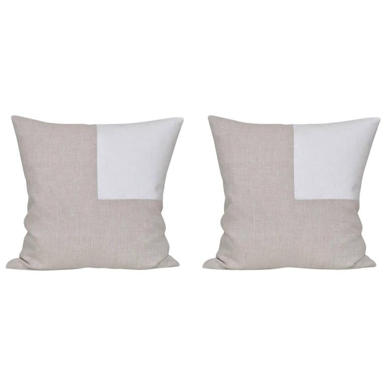 Pair of Large Contemporary Natural Irish Linen Pillow with Vintage White Patch For Sale at 1stDibs