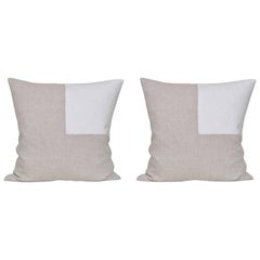 Pair of Large Contemporary Natural Irish Linen Pillow with Vintage White Patch