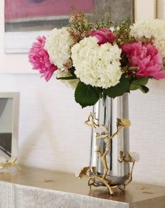 Pair of Large Contemporary Silver and Gold Metal Butterfly Ginkgo Vase
