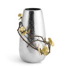 Pair of Large Contemporary Silver Metal Ginkgo Vase with Gold Accents