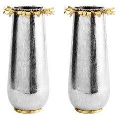 Pair of Large Contemporary Silver Metal Sunflower Vase with Gold Detail