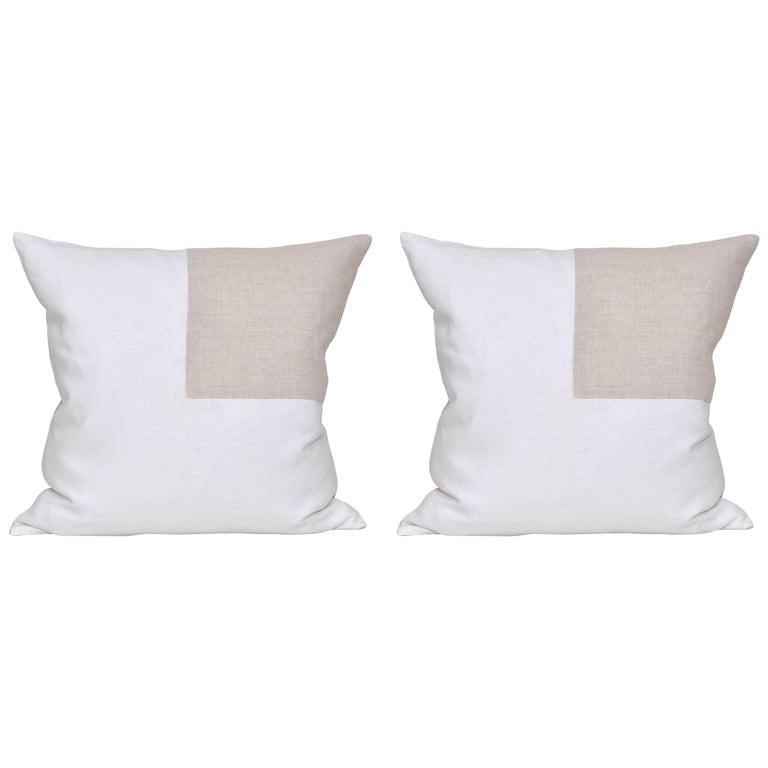 Pair of Large Contemporary White Irish Linen Pillow with Vintage Oatmeal Patch
