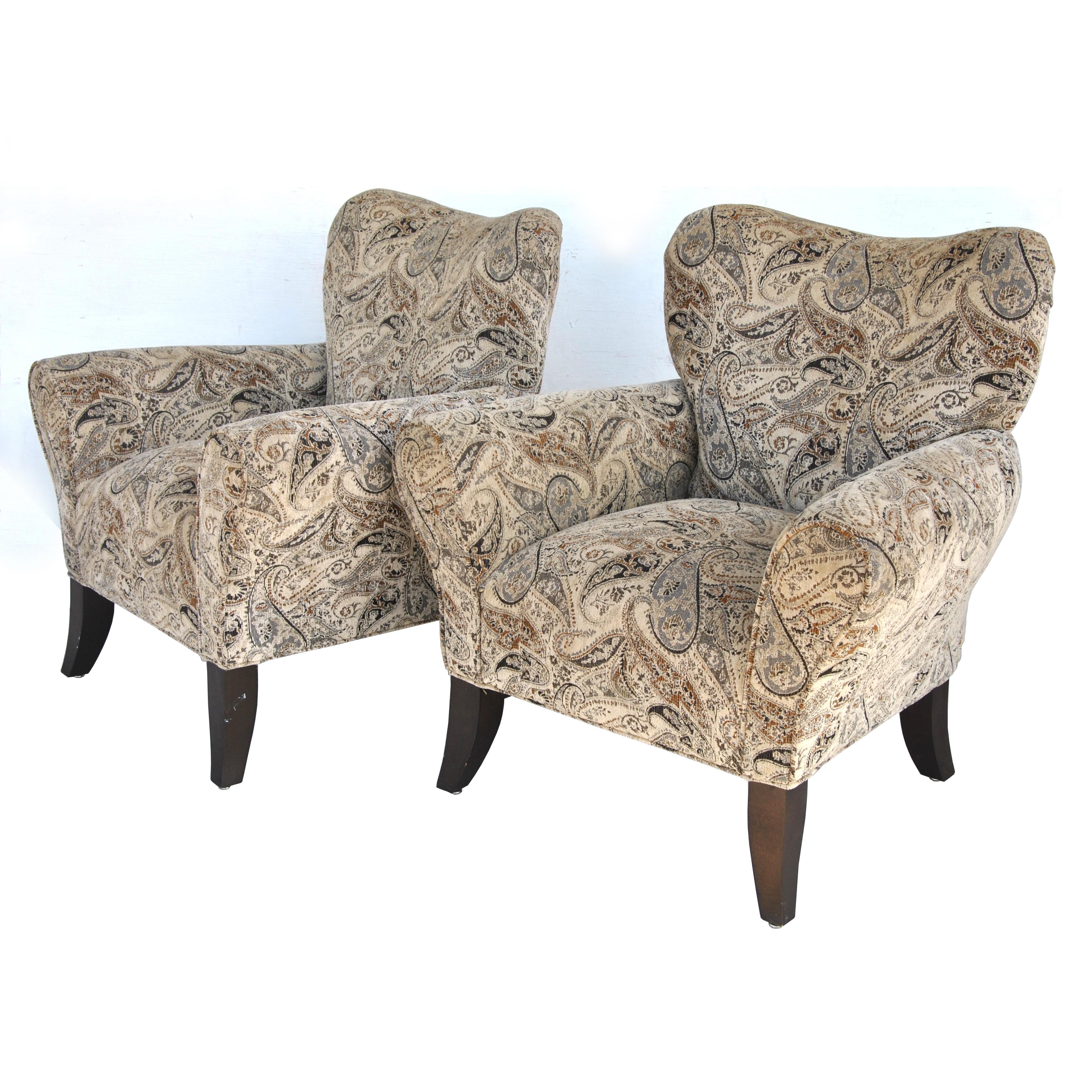 Pair of contemporary wing back chairs


Pair of over sized traditional style wing back chairs.
Soft chenille in a paisley pattern.

Measures: 36