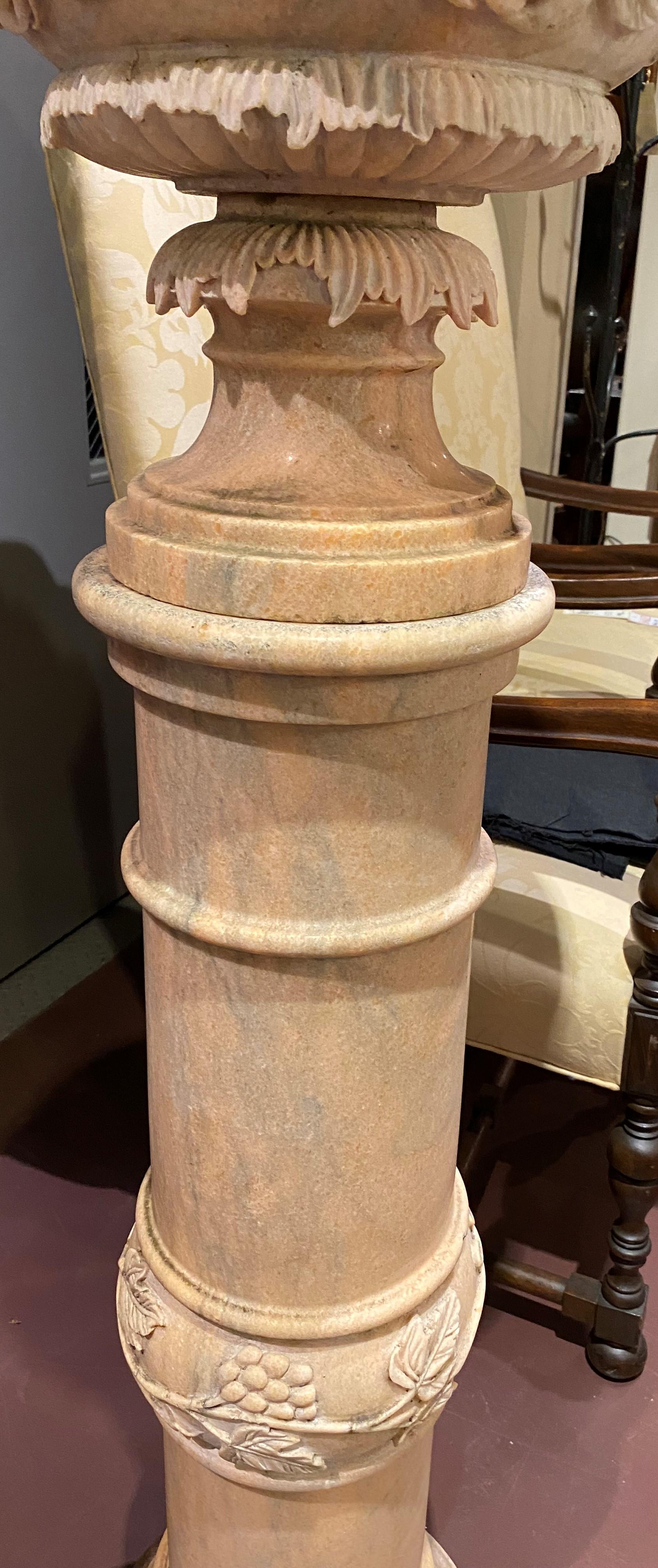 Pair of Large Continental Style Marble Carved Urns on Pedestals For Sale 5