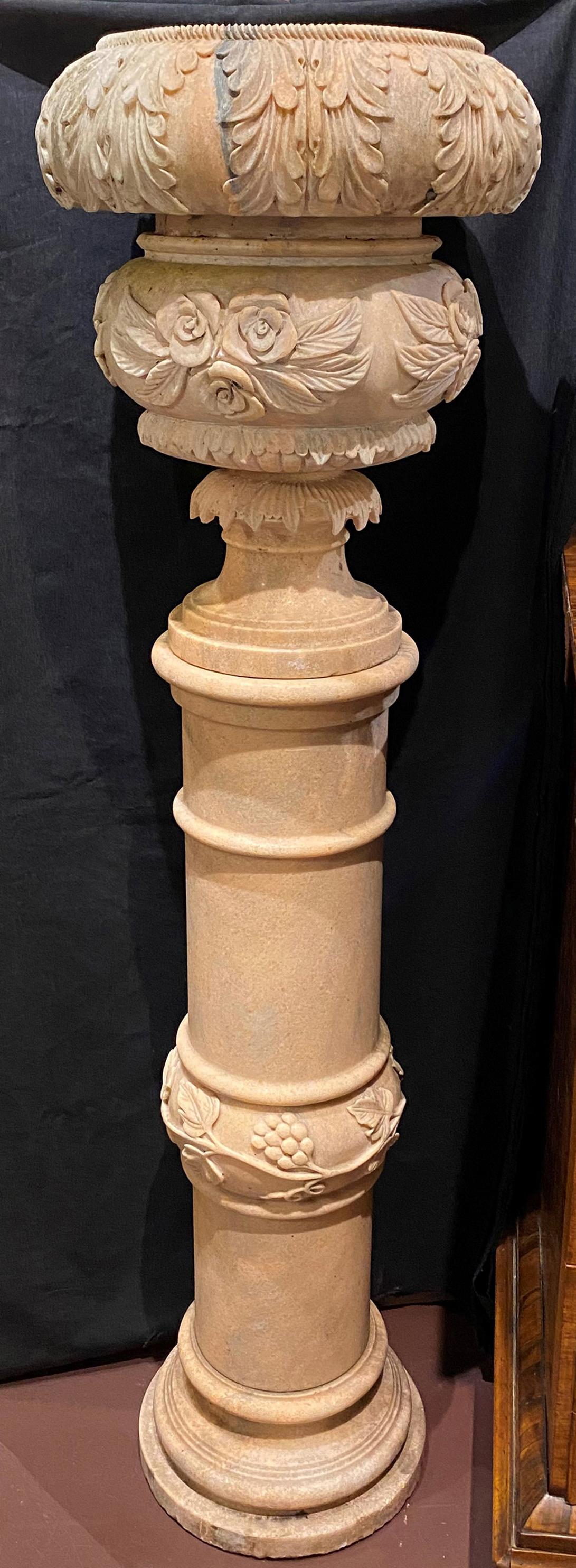 Hand-Carved Pair of Large Continental Style Marble Carved Urns on Pedestals For Sale