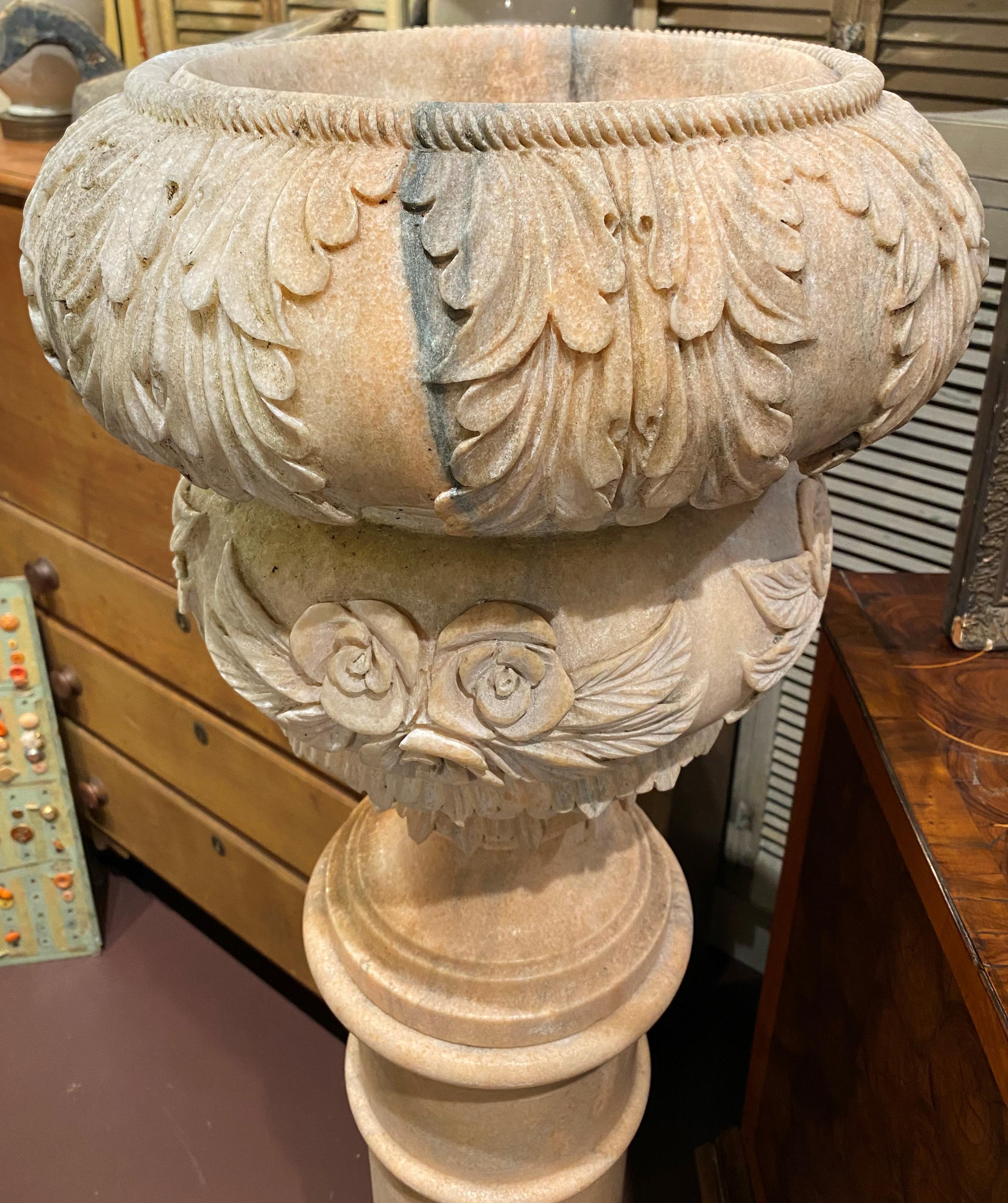 Pair of Large Continental Style Marble Carved Urns on Pedestals In Good Condition For Sale In Milford, NH