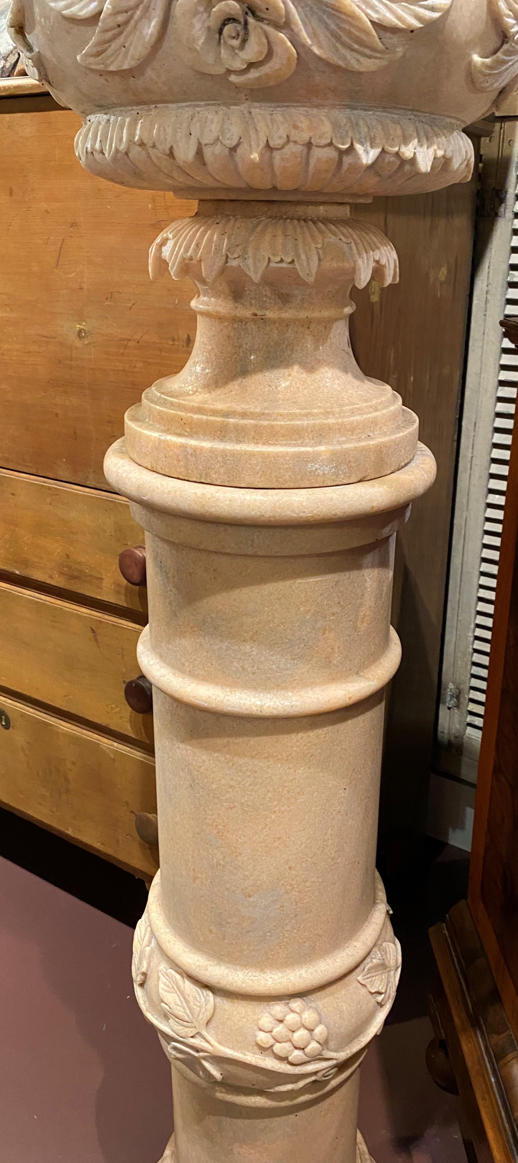 20th Century Pair of Large Continental Style Marble Carved Urns on Pedestals For Sale