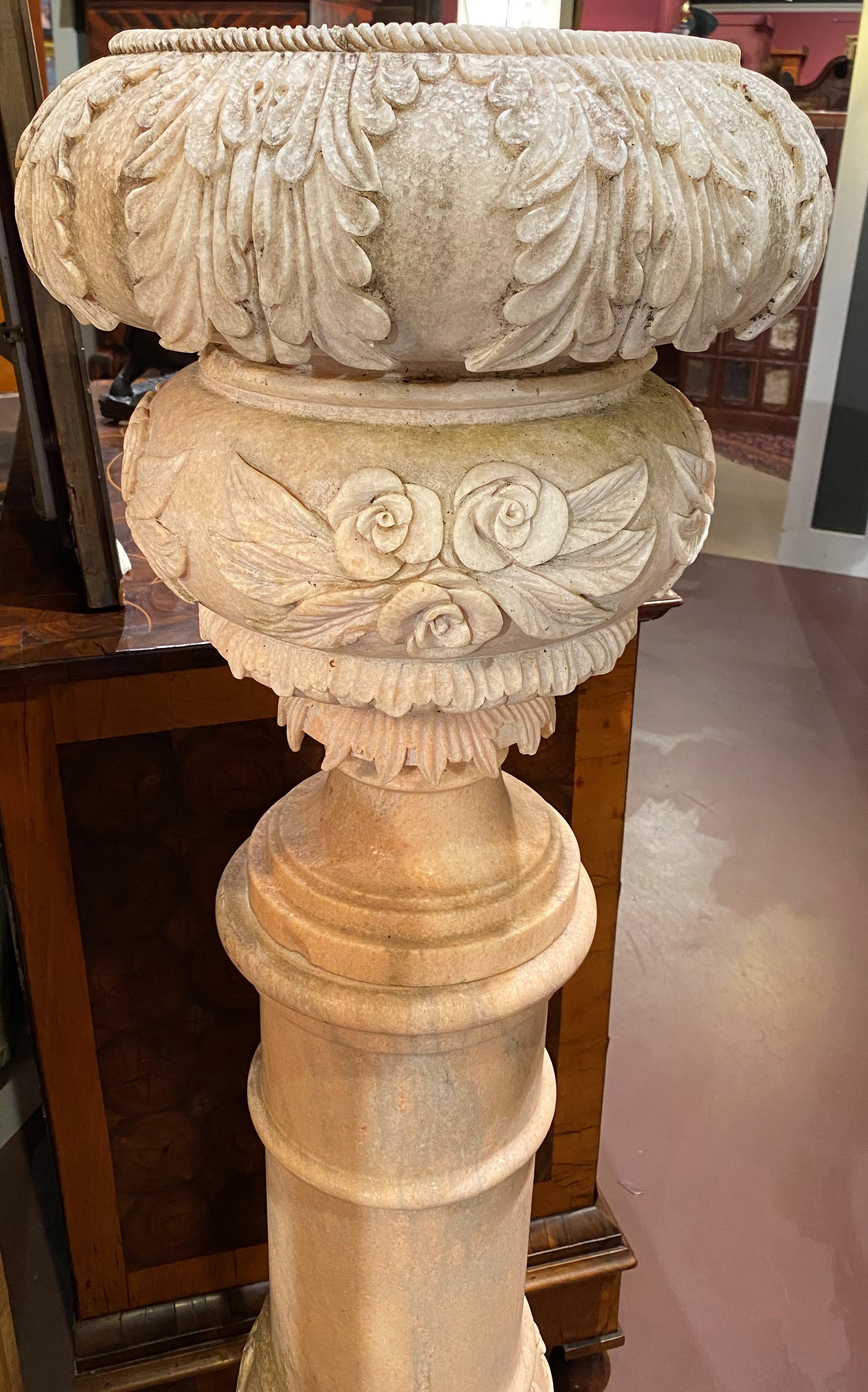 Pair of Large Continental Style Marble Carved Urns on Pedestals For Sale 2