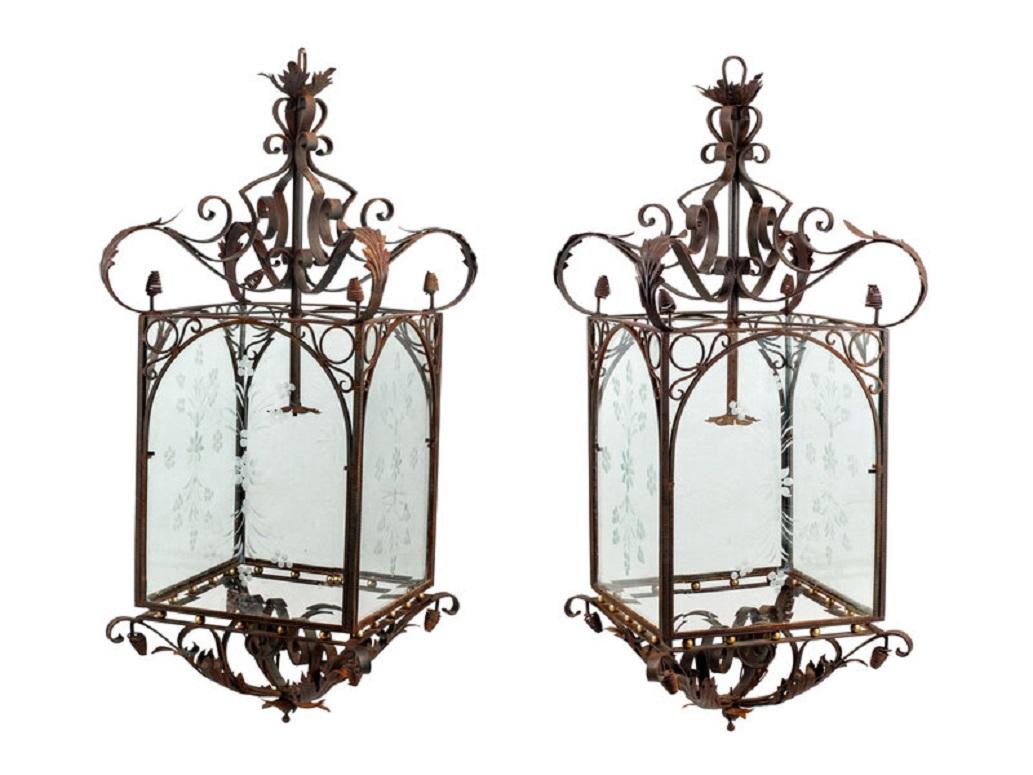 Pair of Large Continental Wrought Iron and Etched Glass Lanterns, Early 20th Century