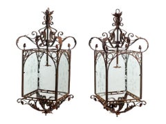 Pair of Large Continental Wrought Iron and Etched Glass Lanterns, 20th Century