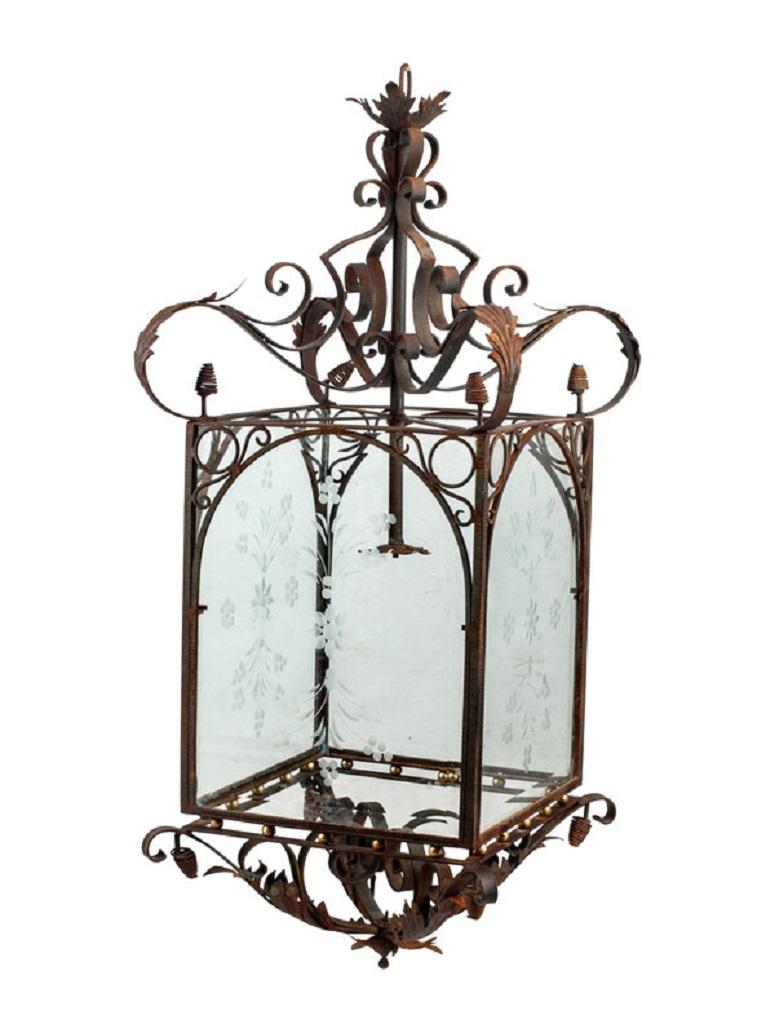Pair of Large Continental Wrought Iron and Etched Glass Lanterns, 20th Century In Good Condition For Sale In Savannah, GA