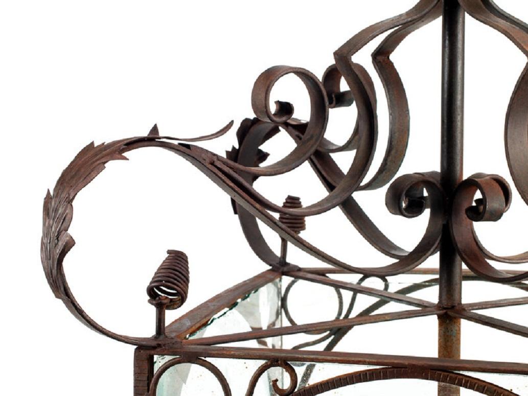 Pair of Large Continental Wrought Iron and Etched Glass Lanterns, 20th Century For Sale 3