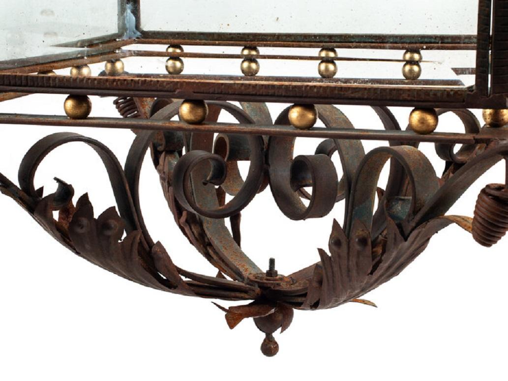 Pair of Large Continental Wrought Iron and Etched Glass Lanterns, 20th Century For Sale 5