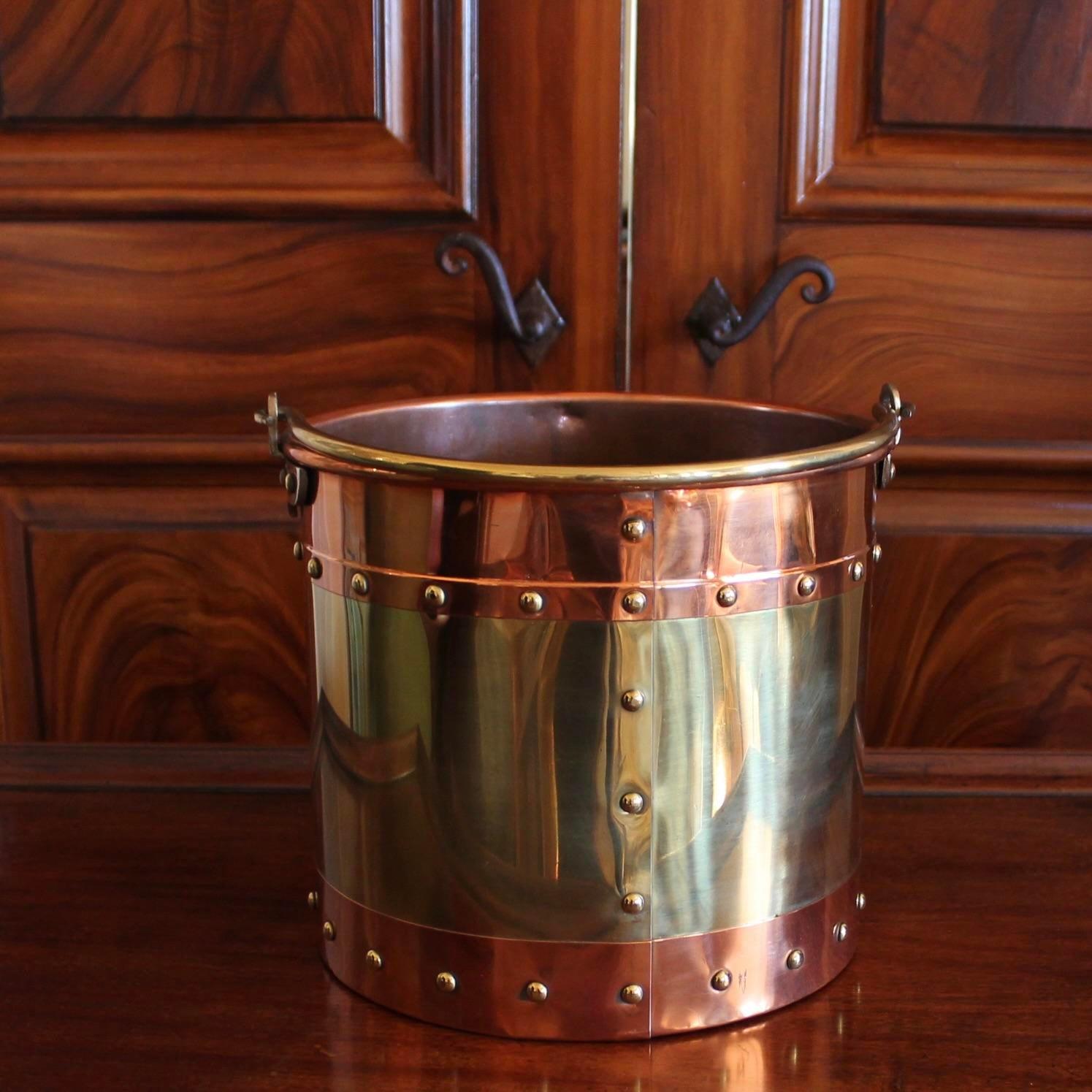 Arts and Crafts Pair of Large Copper and Brass Studded Kindling Buckets