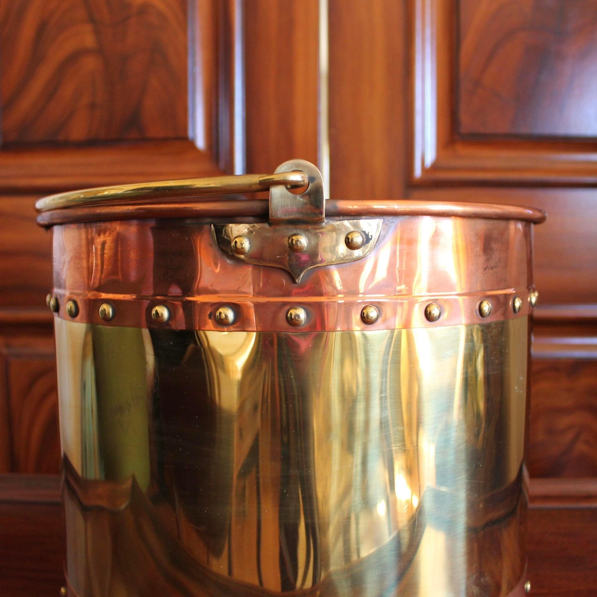 English Pair of Large Copper and Brass Studded Kindling Buckets