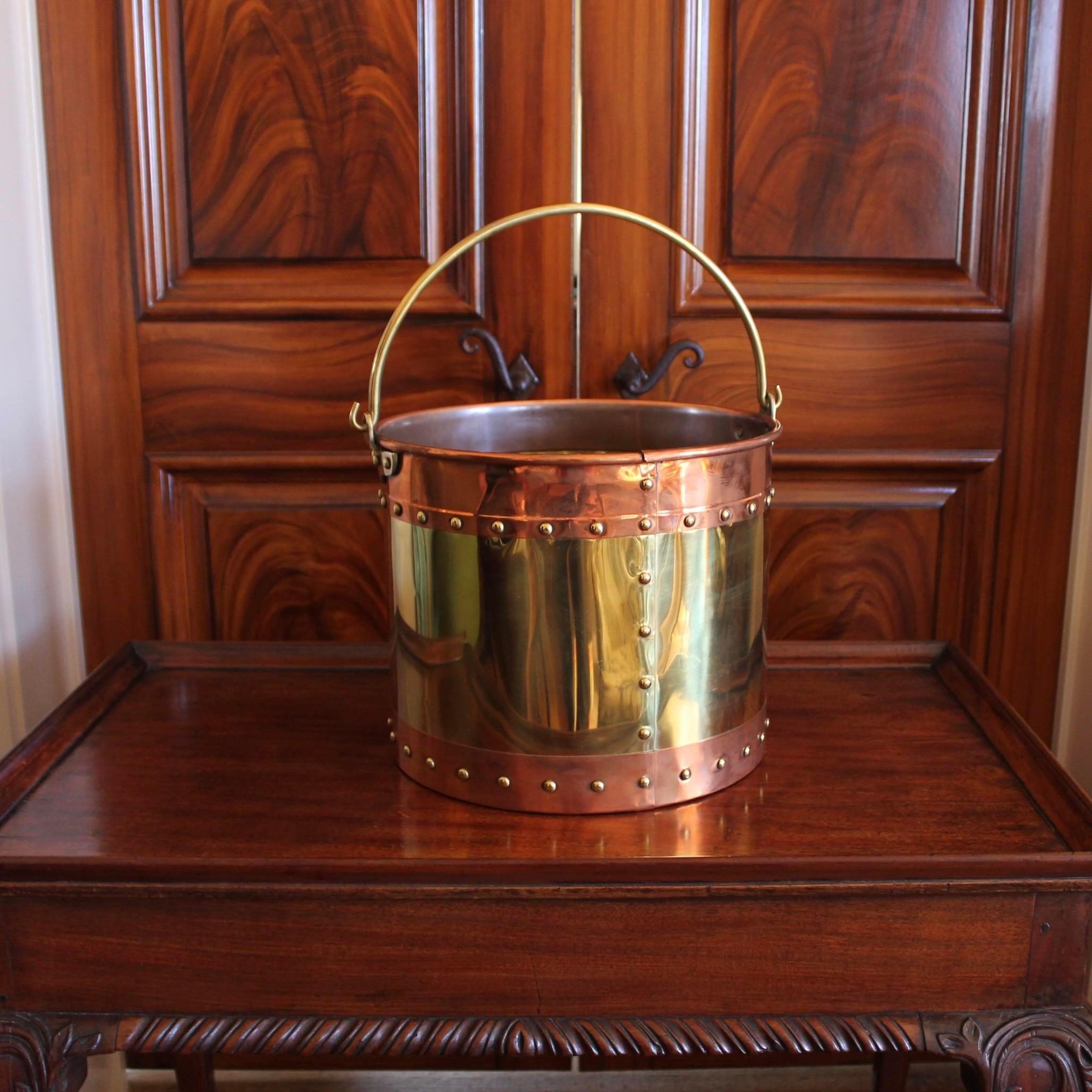 Pair of Large Copper and Brass Studded Kindling Buckets In Good Condition In Free Union, VA