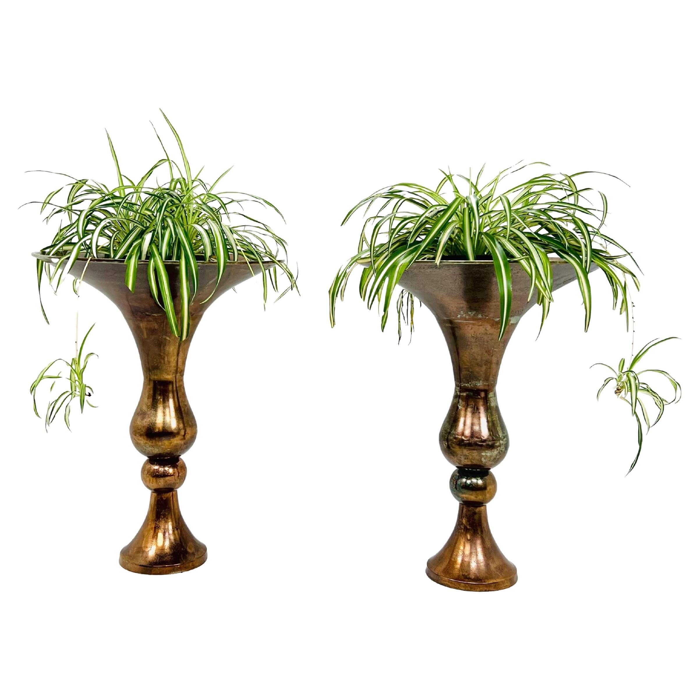 Pair of Large Copper Finish Metal Floor Vases For Sale