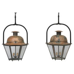 Pair of Large Copper French Lanterns, Completely Restored