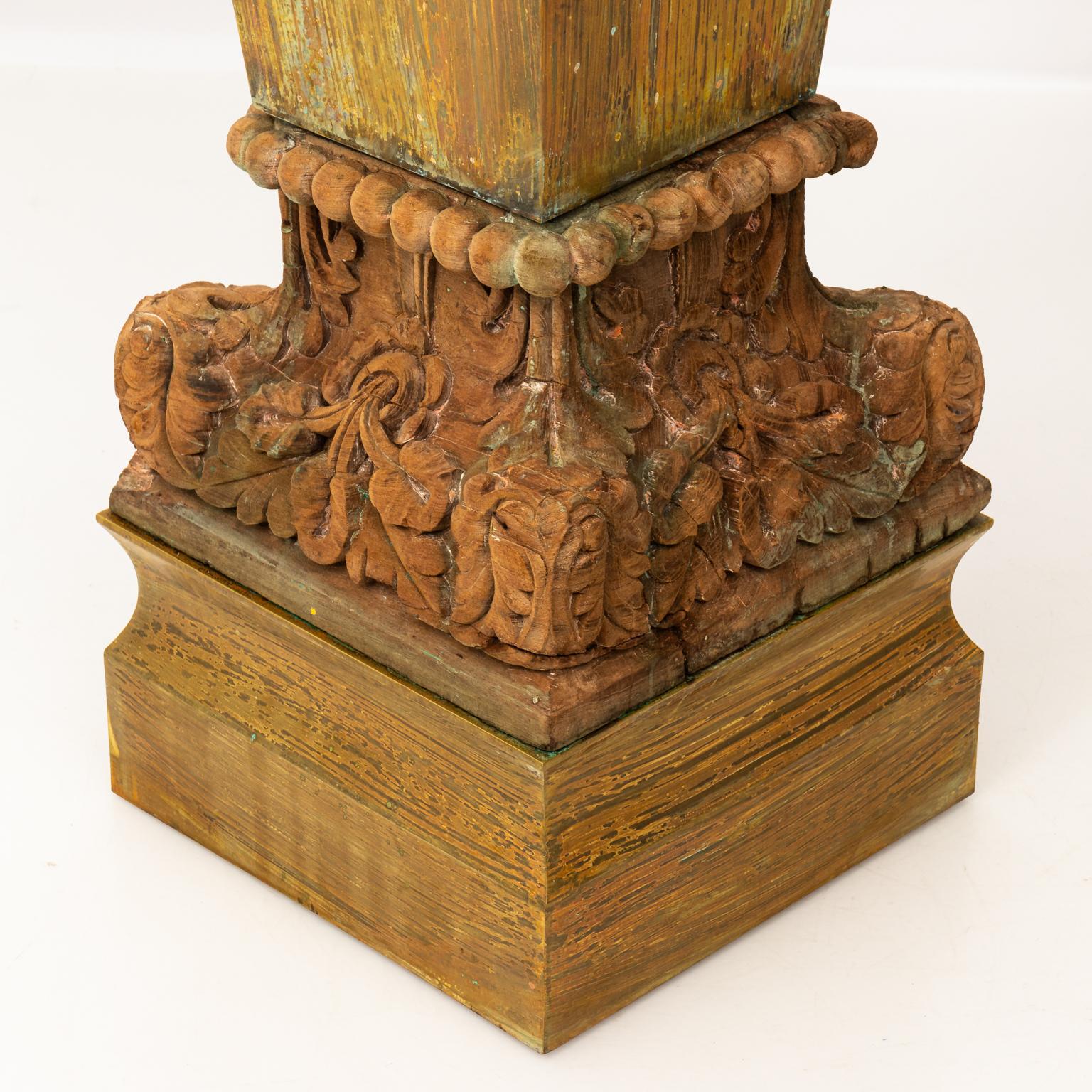 Pair of Large Copper Pedestals with Wooden Carved Bases For Sale 12