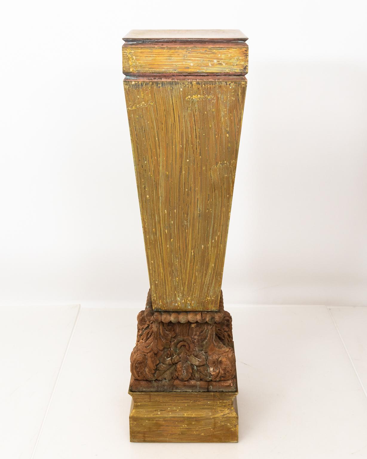 Pair of Large Copper Pedestals with Wooden Carved Bases For Sale 15