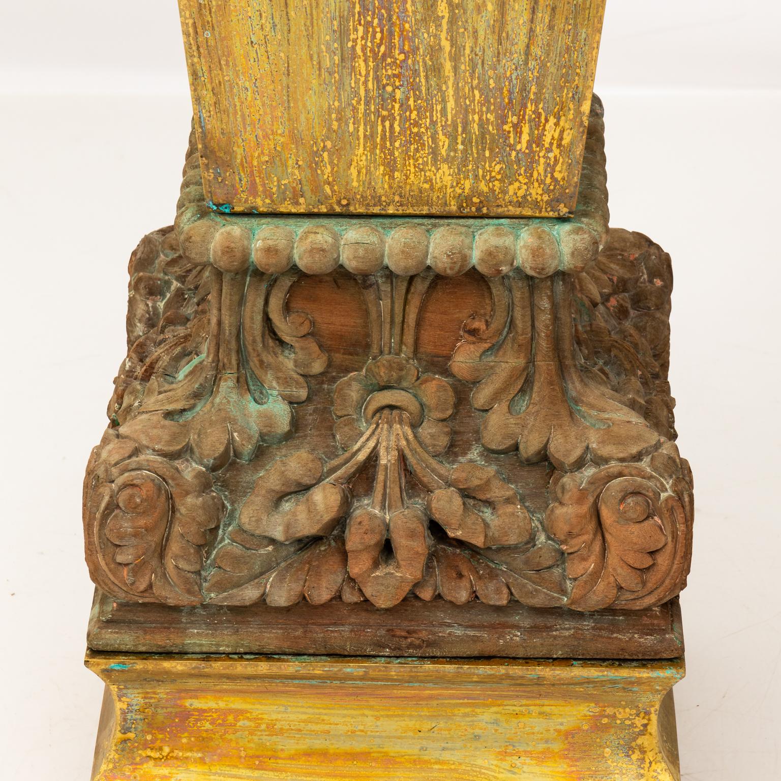 Pair of Large Copper Pedestals with Wooden Carved Bases In Good Condition For Sale In Stamford, CT