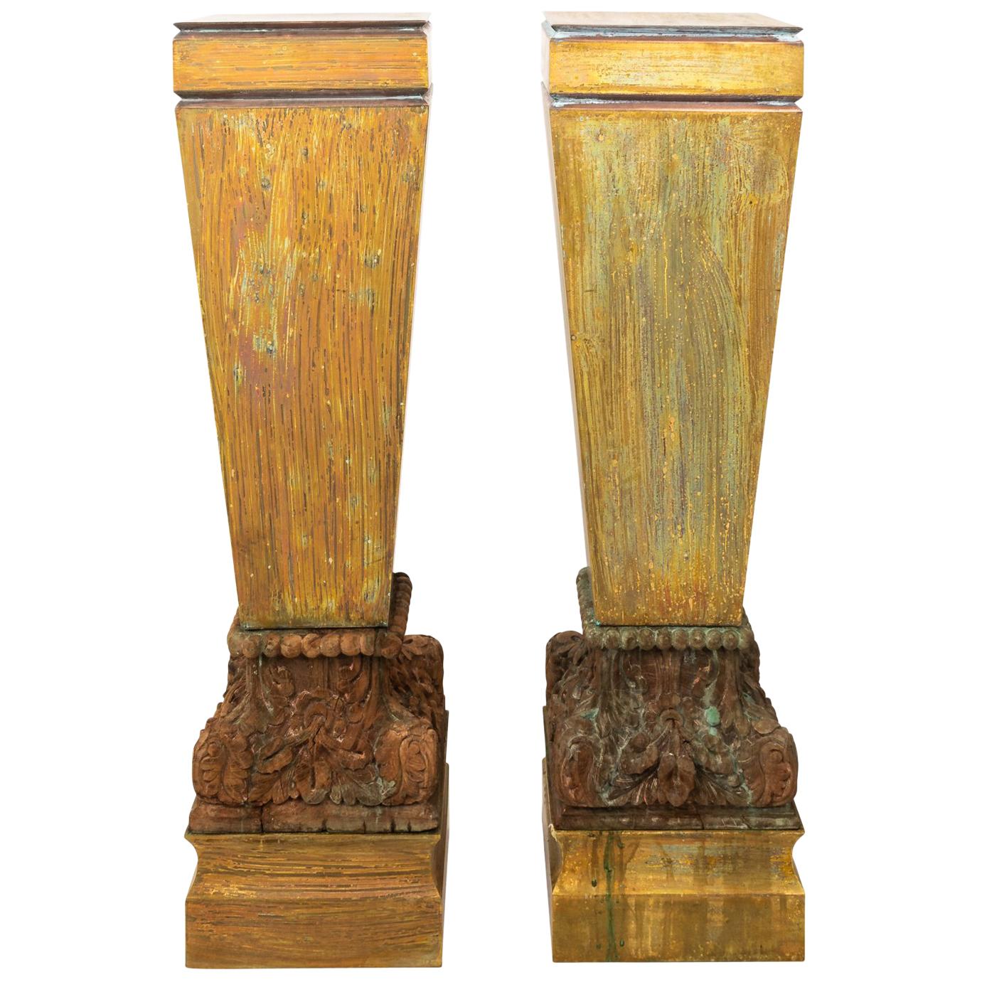 Pair of Large Copper Pedestals with Wooden Carved Bases