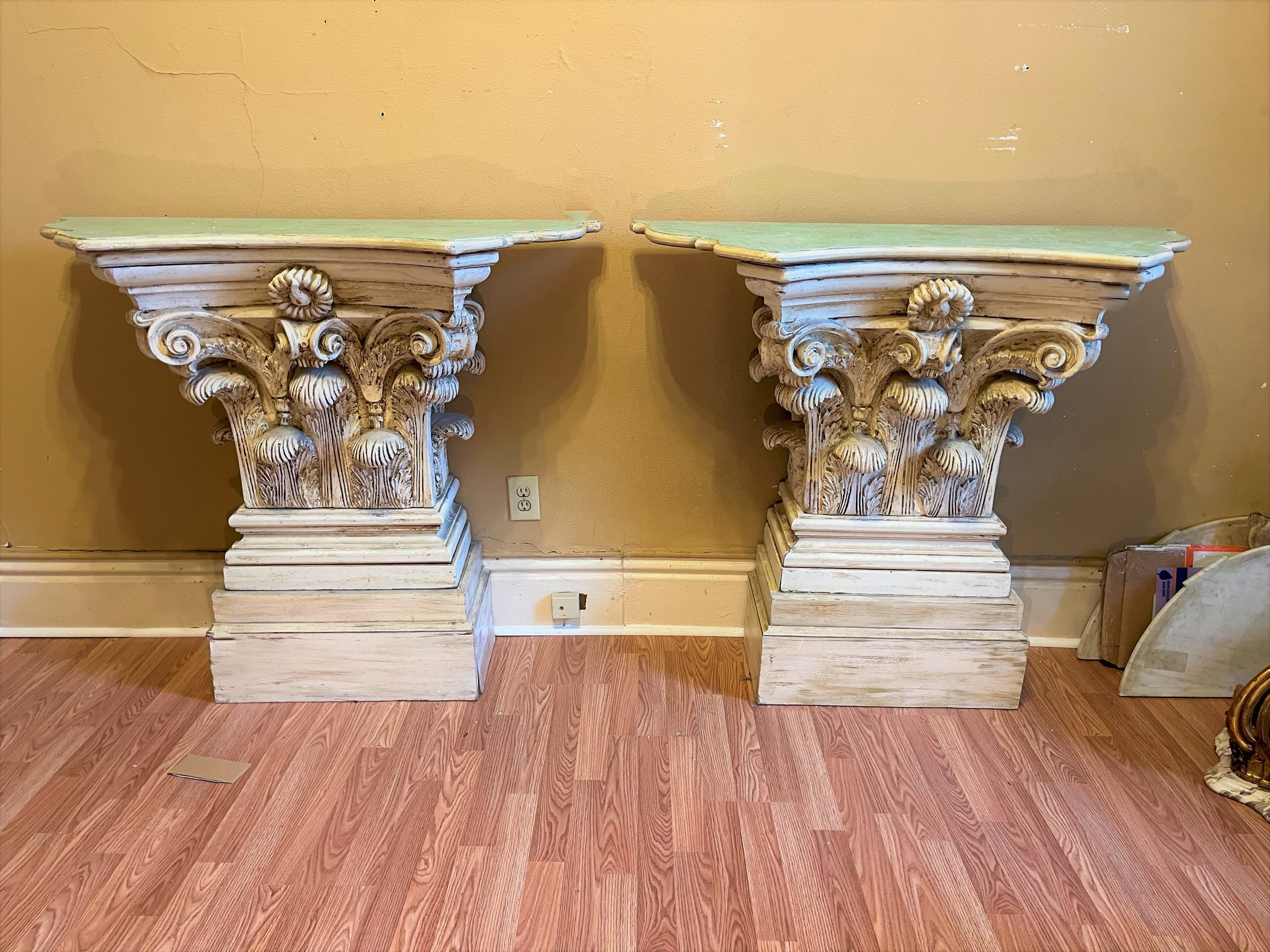 Pair of Large Corinthian Capital Form Consoles in Classical Style In Distressed Condition In Nashville, TN
