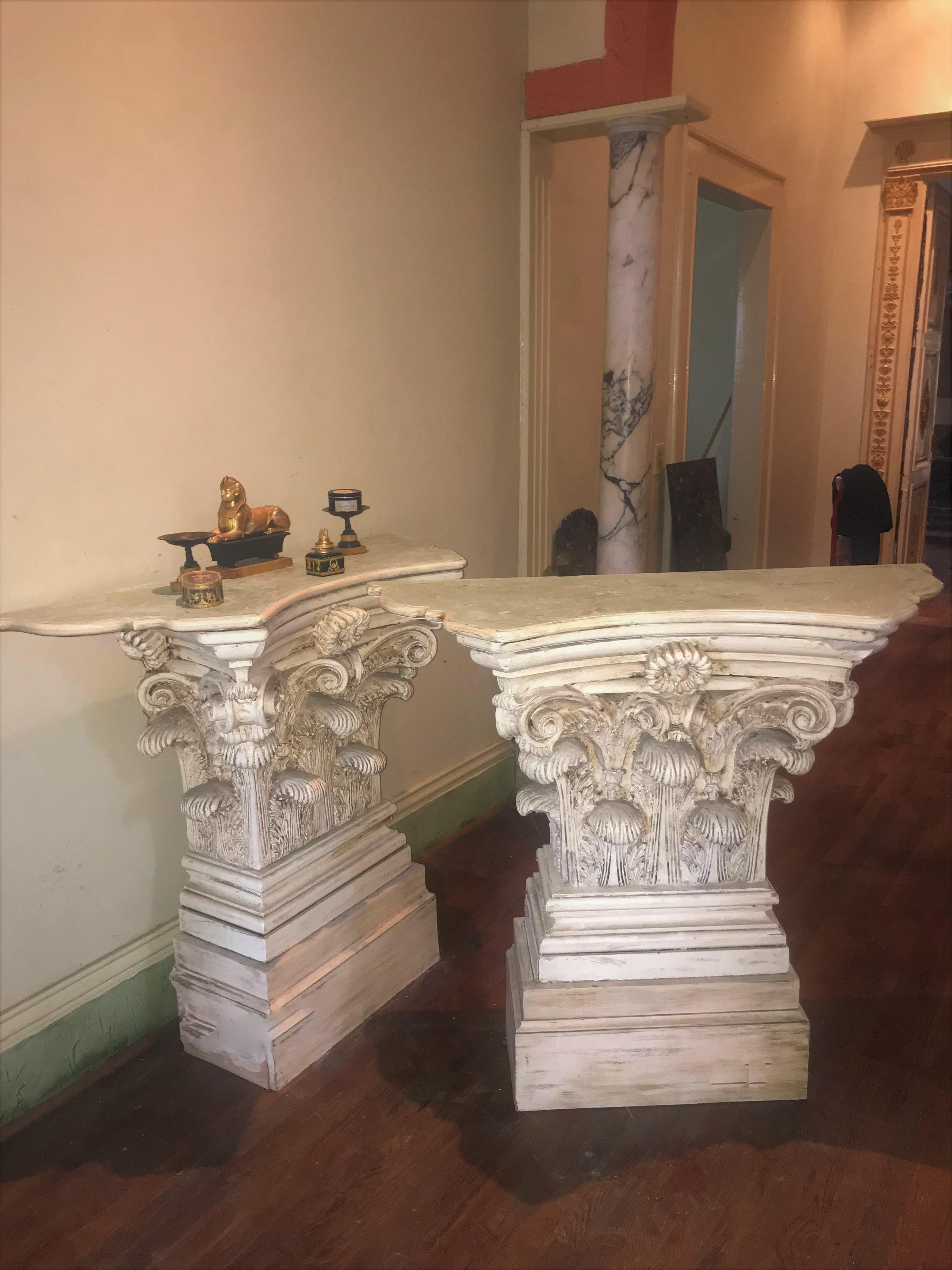 20th Century Pair of Large Corinthian Capital Form Consoles in Classical Style