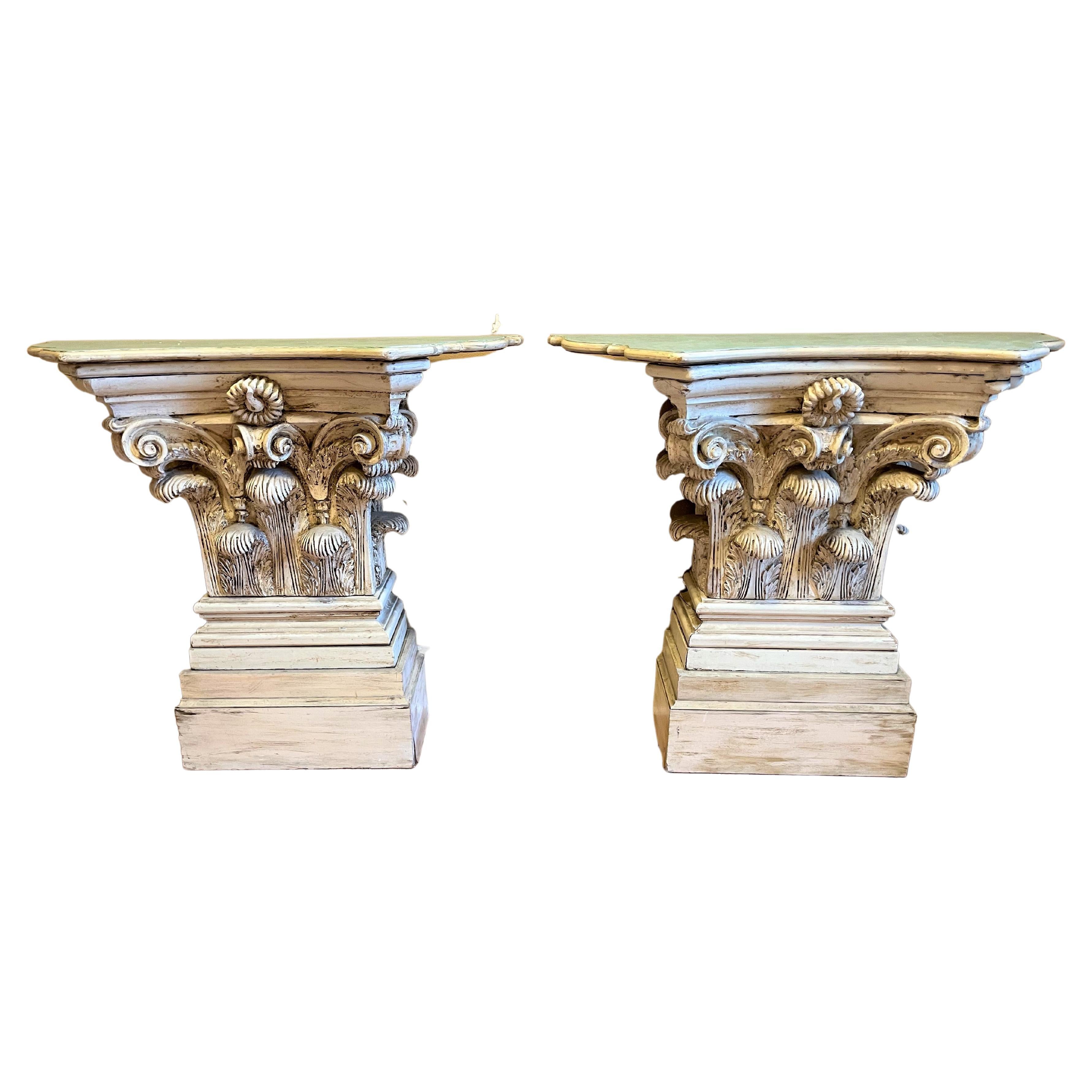Pair of Large Corinthian Capital Form Consoles in Classical Style