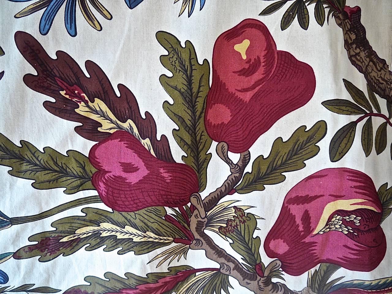 Pair of Large Cotton Curtains Exotic Flowers and Sheep French Antique 2