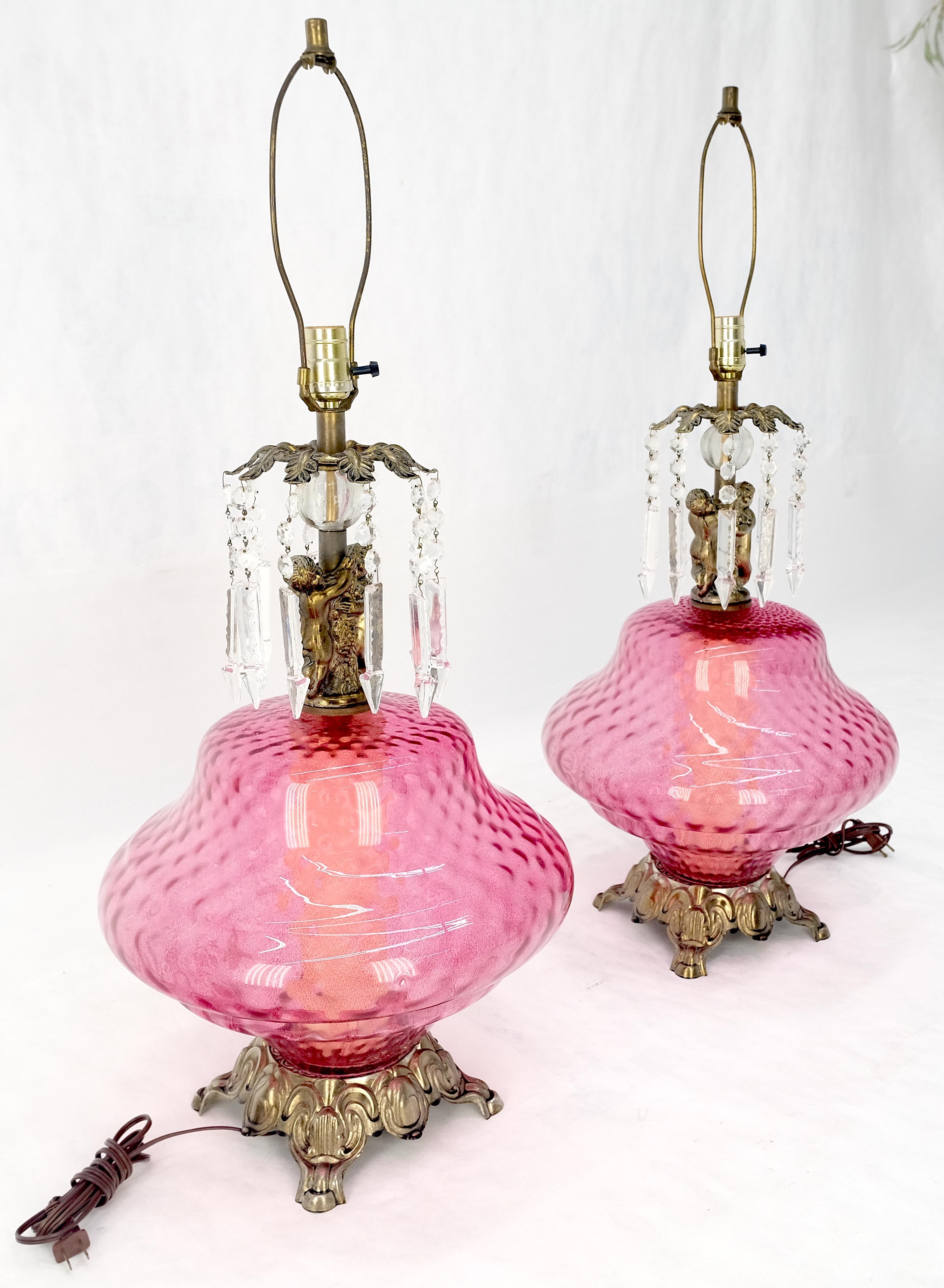 Pair of Large Cranberry Glass Crystal Decorated Table Lamps MINT! For Sale 6