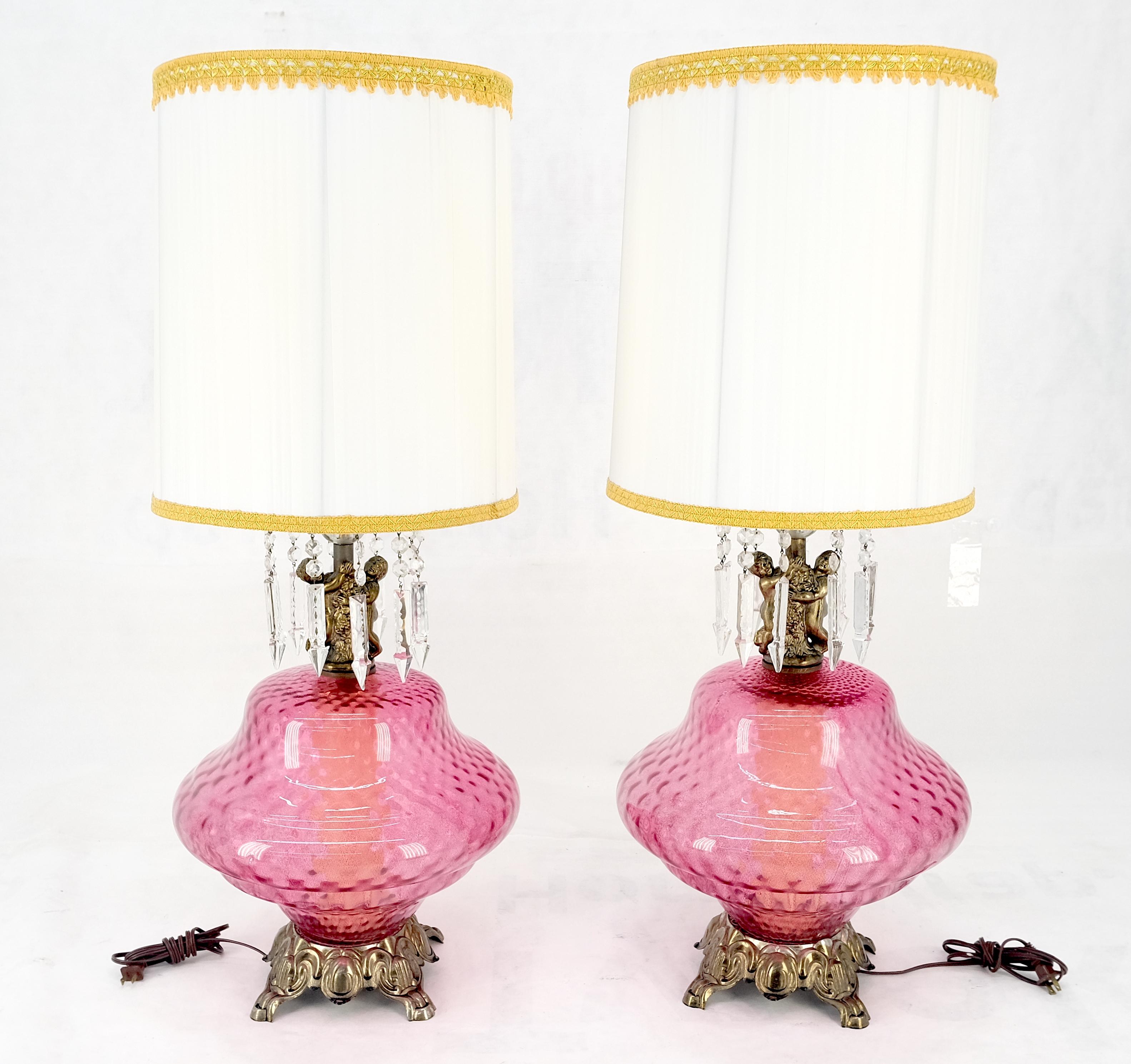 Pair of Large Cranberry Glass Crystal Decorated Table Lamps MINT! For Sale 7