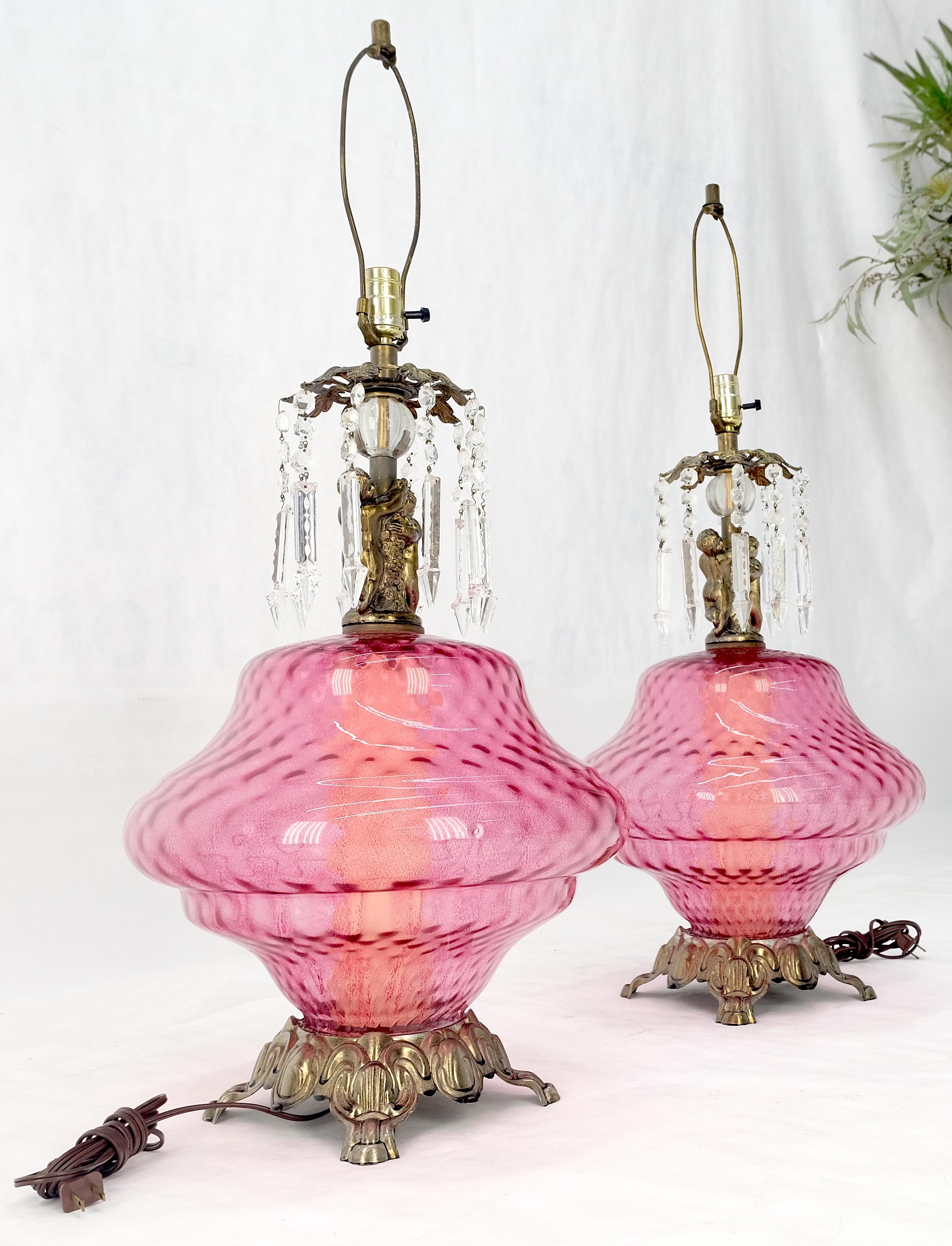 Pair of Large Cranberry Glass Crystal Decorated Table Lamps MINT! For Sale 8