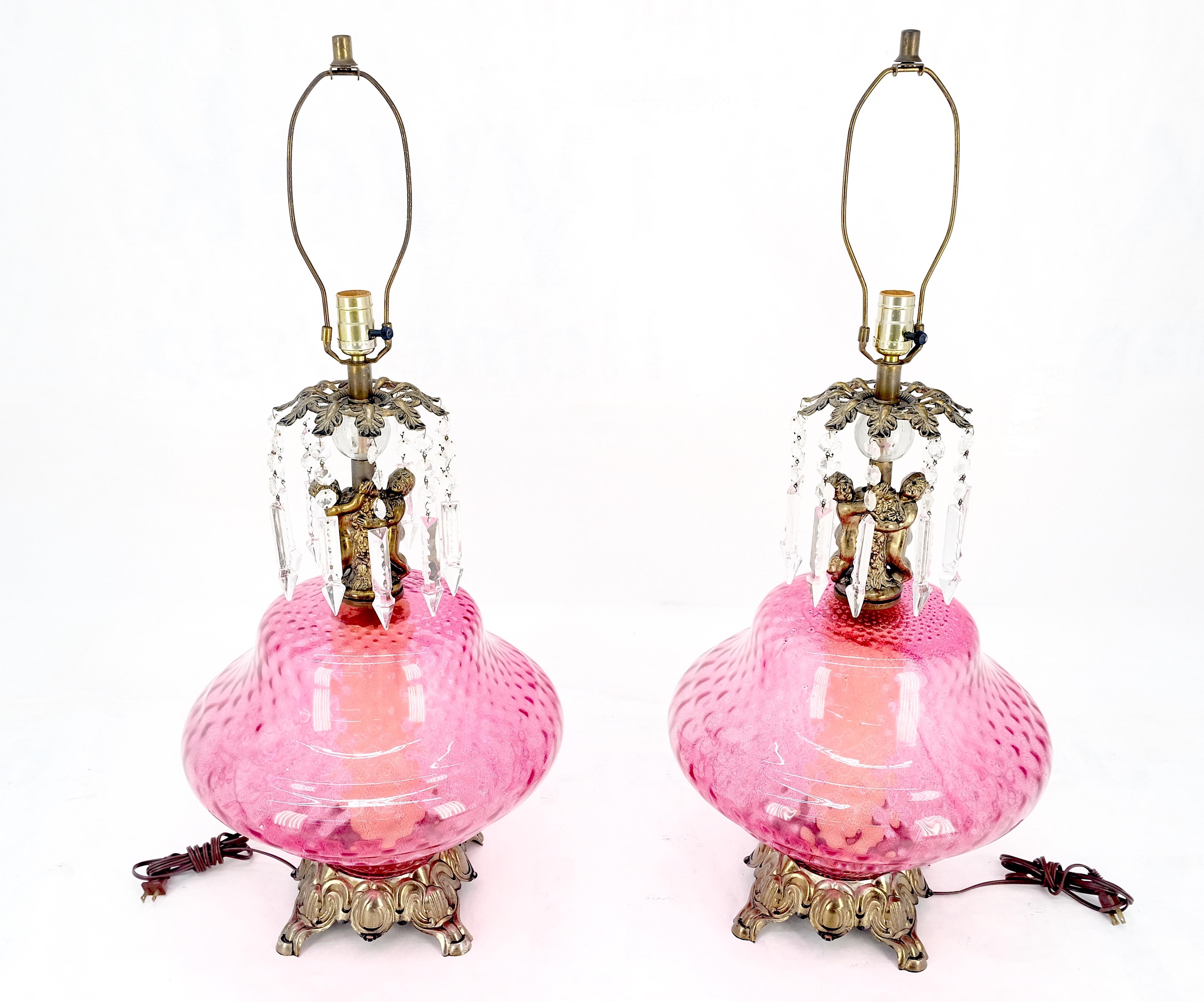 Pair of Large Cranberry Glass Crystal Decorated Table Lamps MINT! In Excellent Condition For Sale In Rockaway, NJ