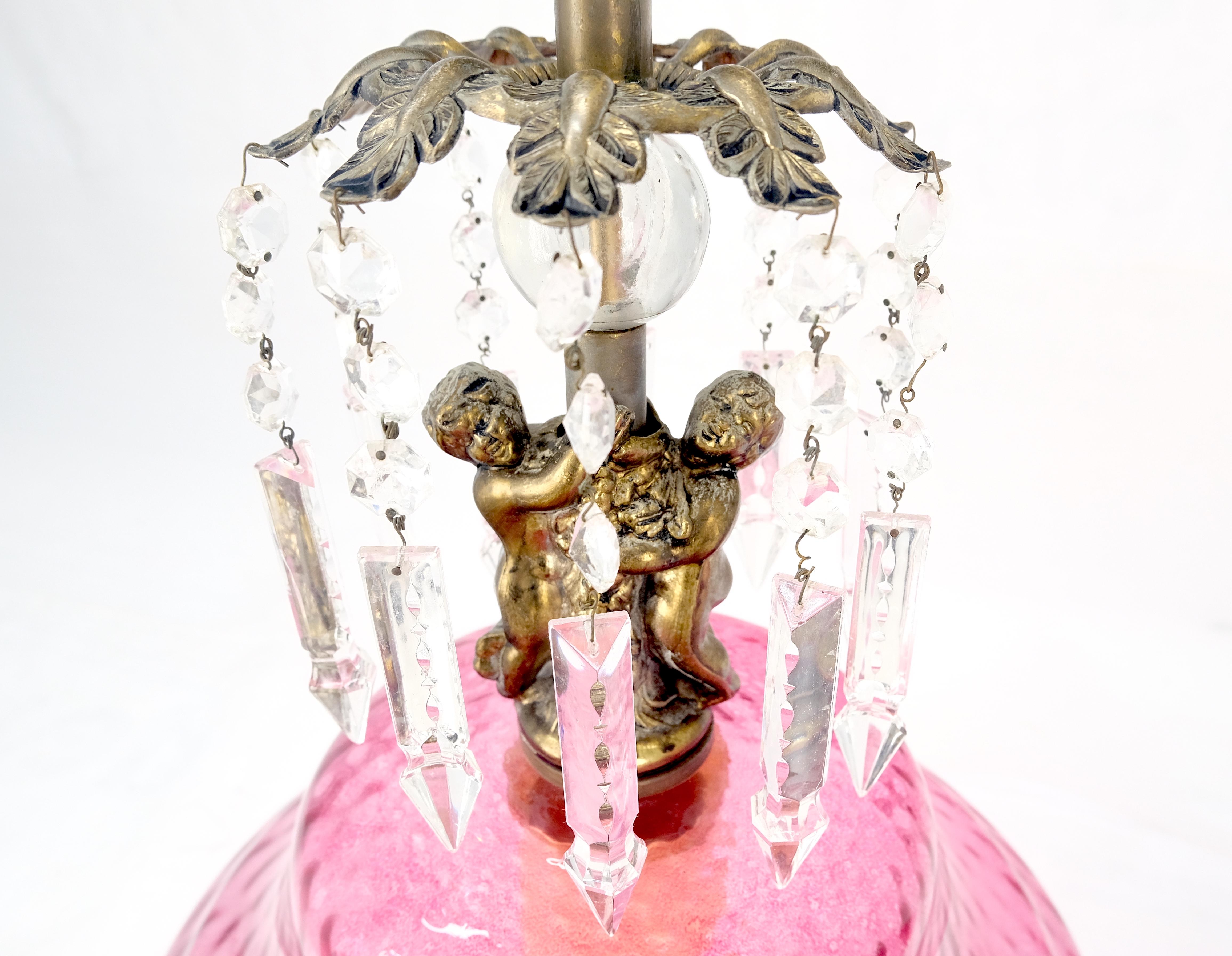 20th Century Pair of Large Cranberry Glass Crystal Decorated Table Lamps MINT! For Sale