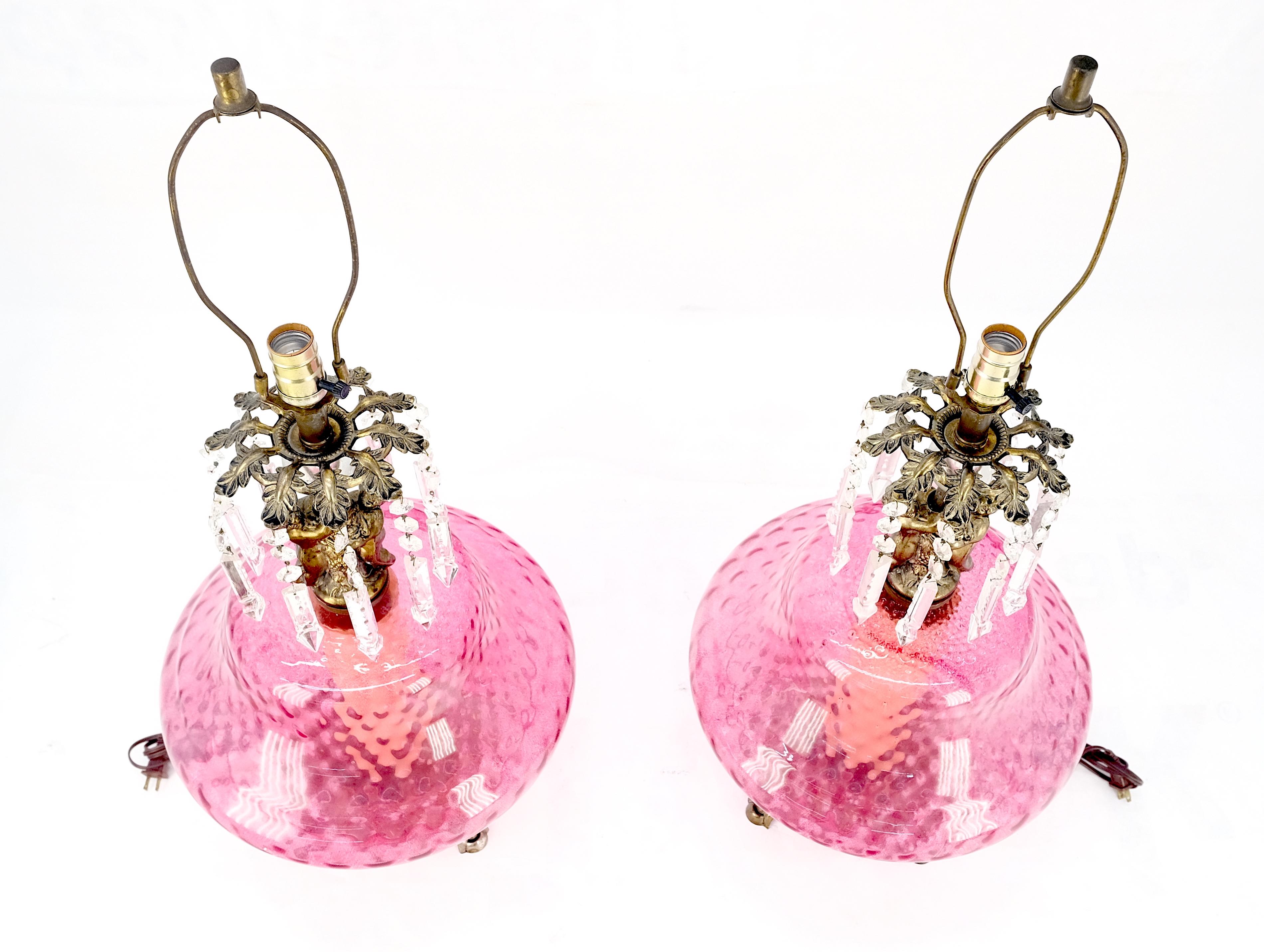 Brass Pair of Large Cranberry Glass Crystal Decorated Table Lamps MINT! For Sale