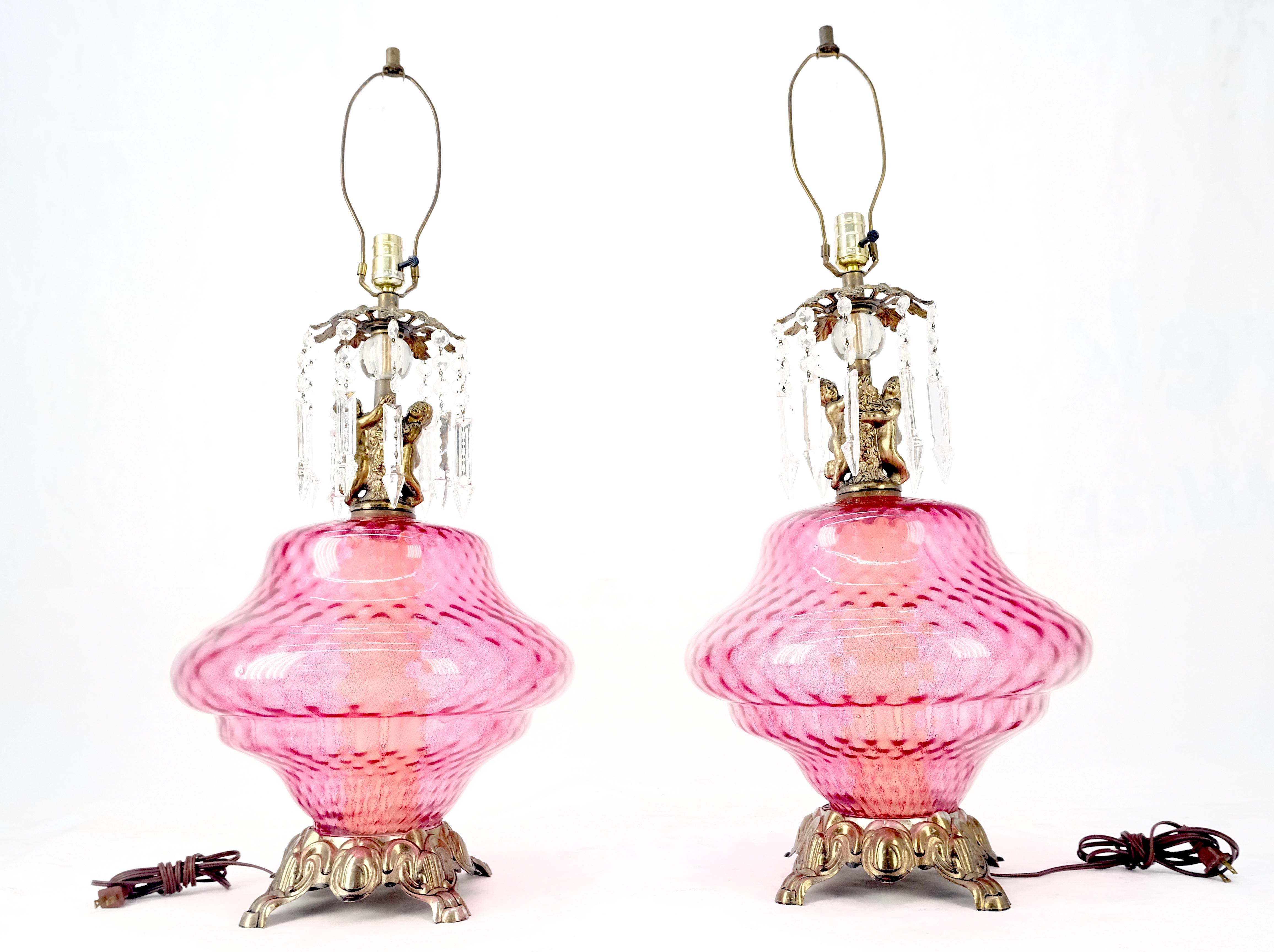 Pair of Large Cranberry Glass Crystal Decorated Table Lamps MINT! For Sale 2