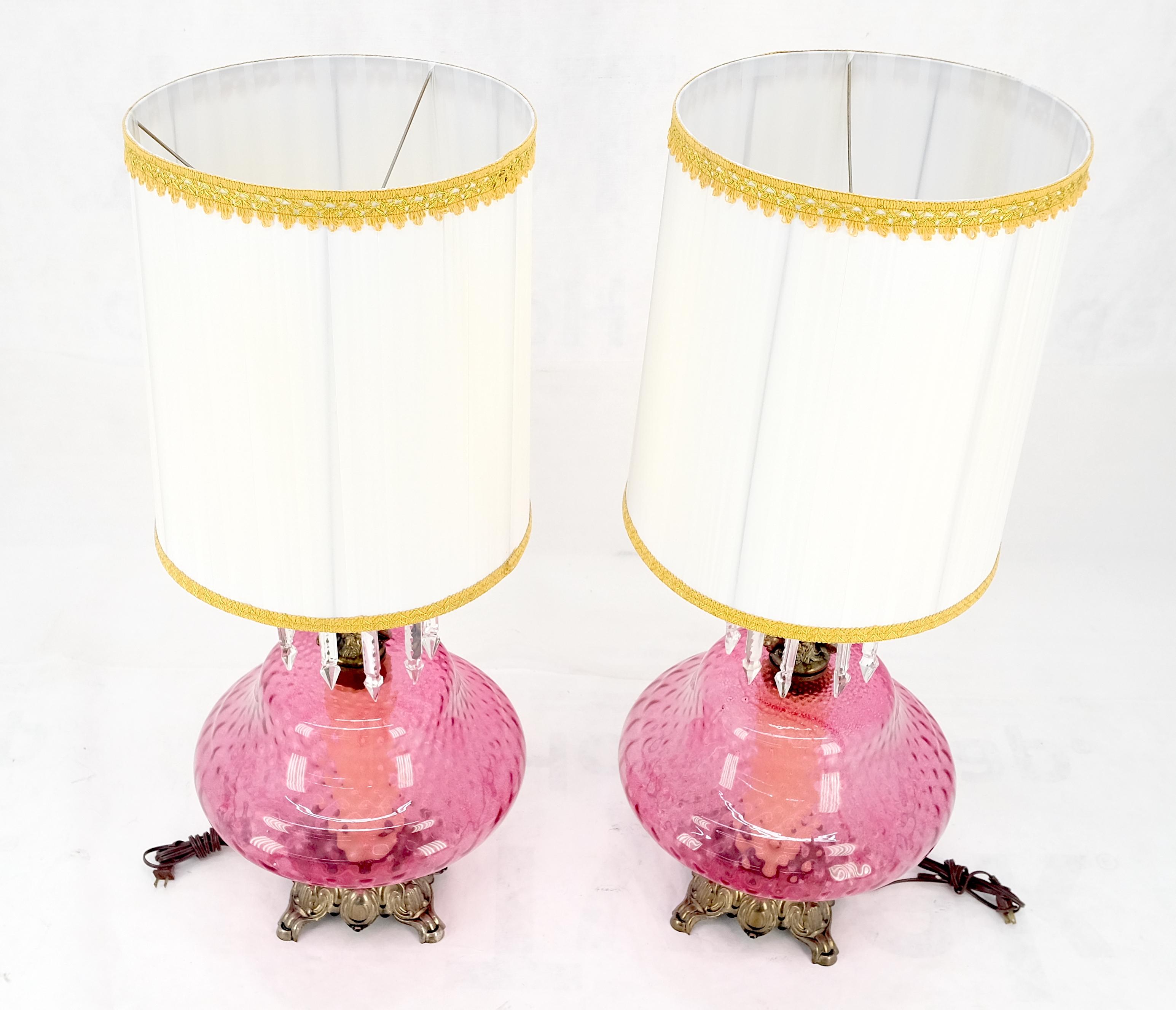 Pair of Large Cranberry Glass Crystal Decorated Table Lamps MINT! For Sale 4