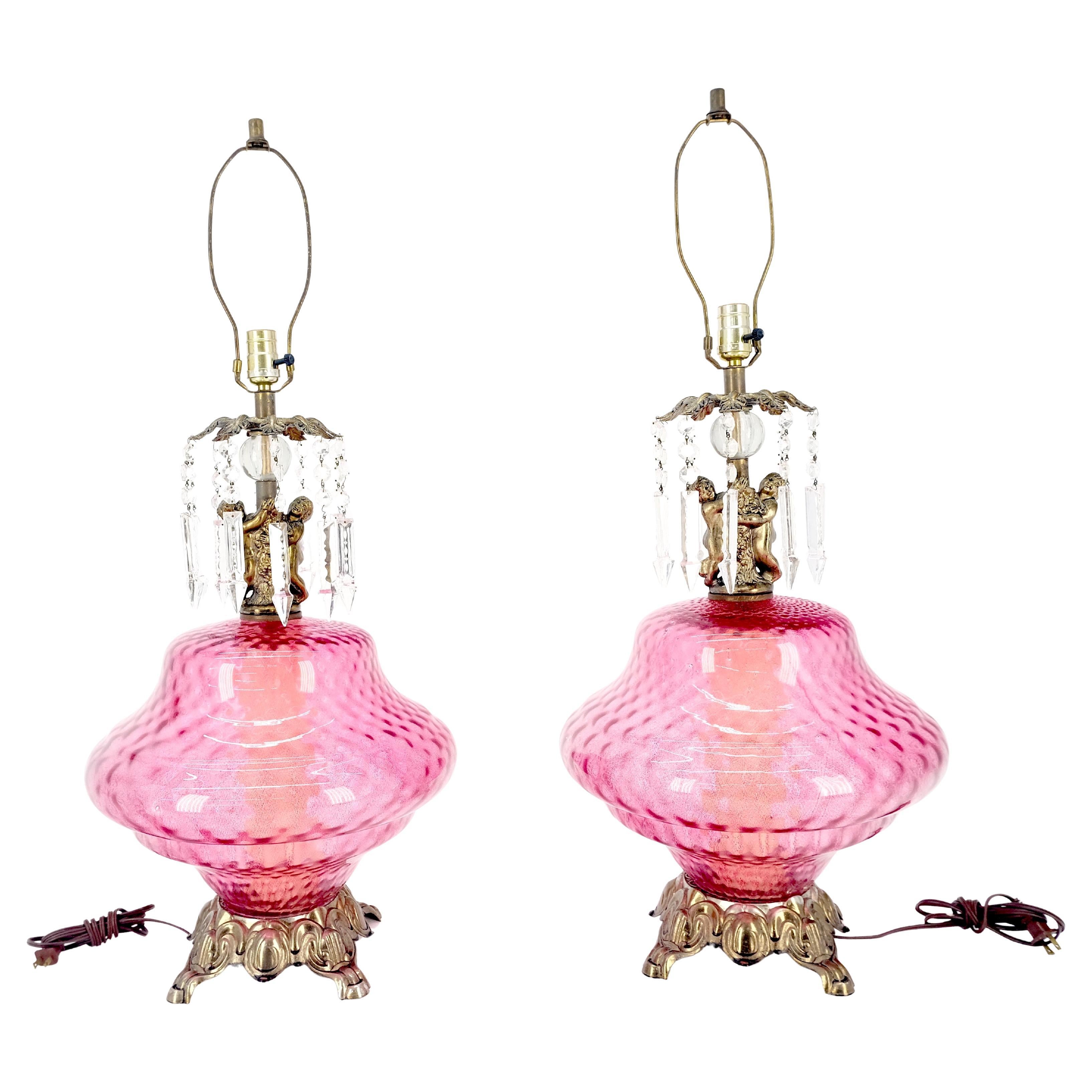 Pair of Large Cranberry Glass Crystal Decorated Table Lamps MINT!