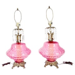 Pair of Large Cranberry Glass Crystal Decorated Table Lamps MINT!