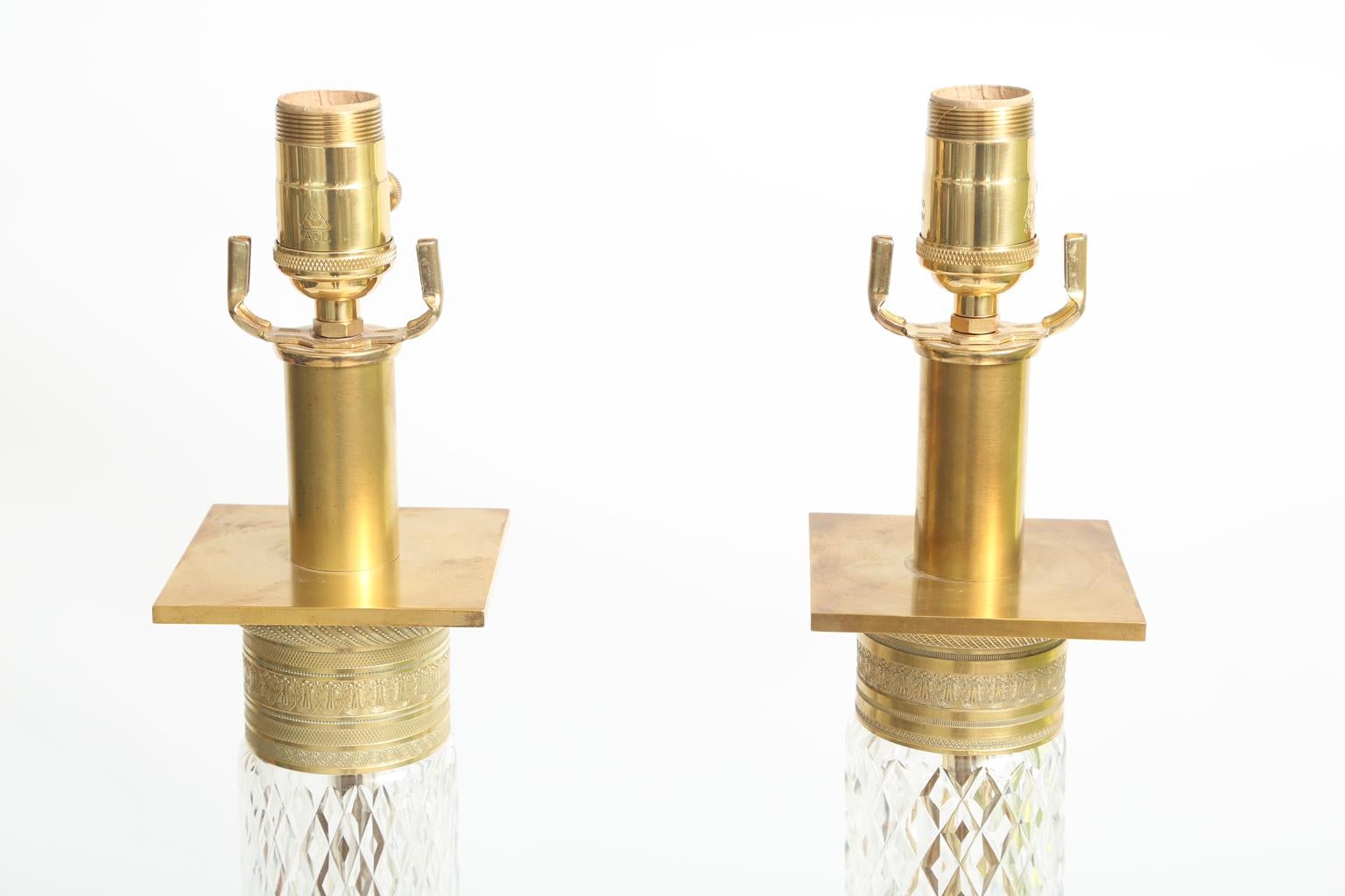 Gilt Pair of Large Crystal Columnar Lamps by Warren Kessler