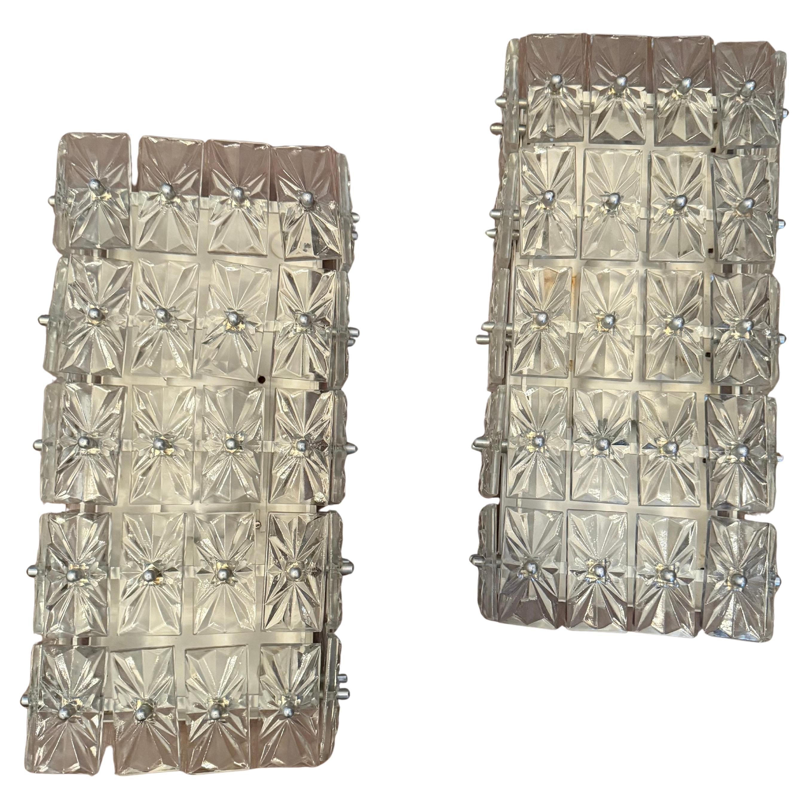 Pair of Large Crystal East German DDR Veb Narva Leuchten Mid Century Wall Lamps For Sale