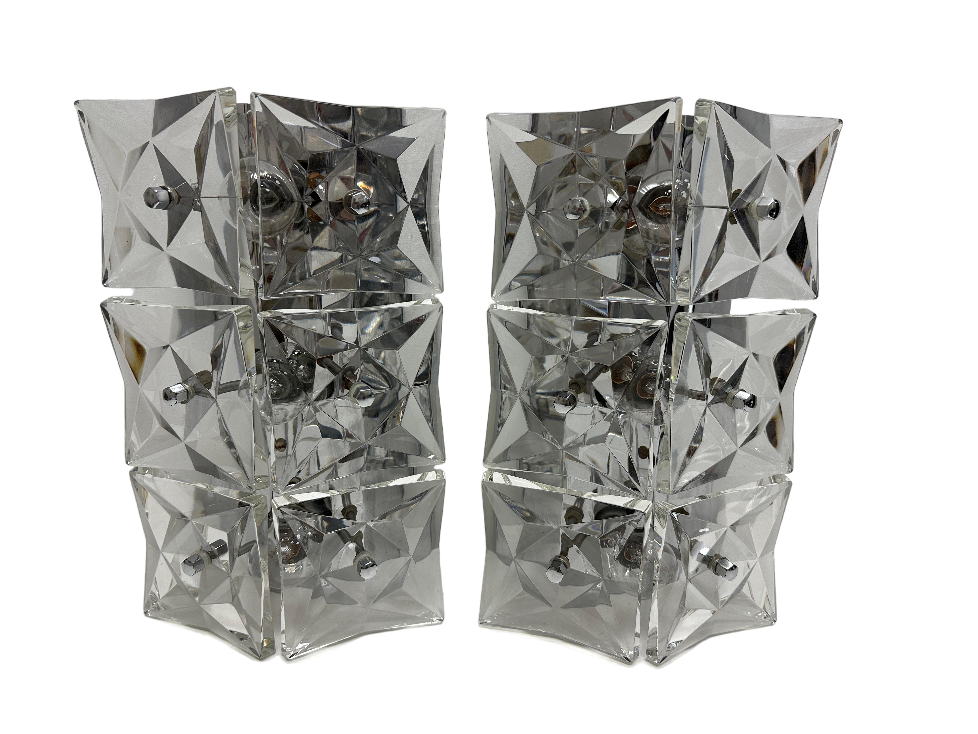 Mid-Century Modern Pair of Large Crystal Glass Wall Sconces by Kinkeldey, circa 1970s For Sale