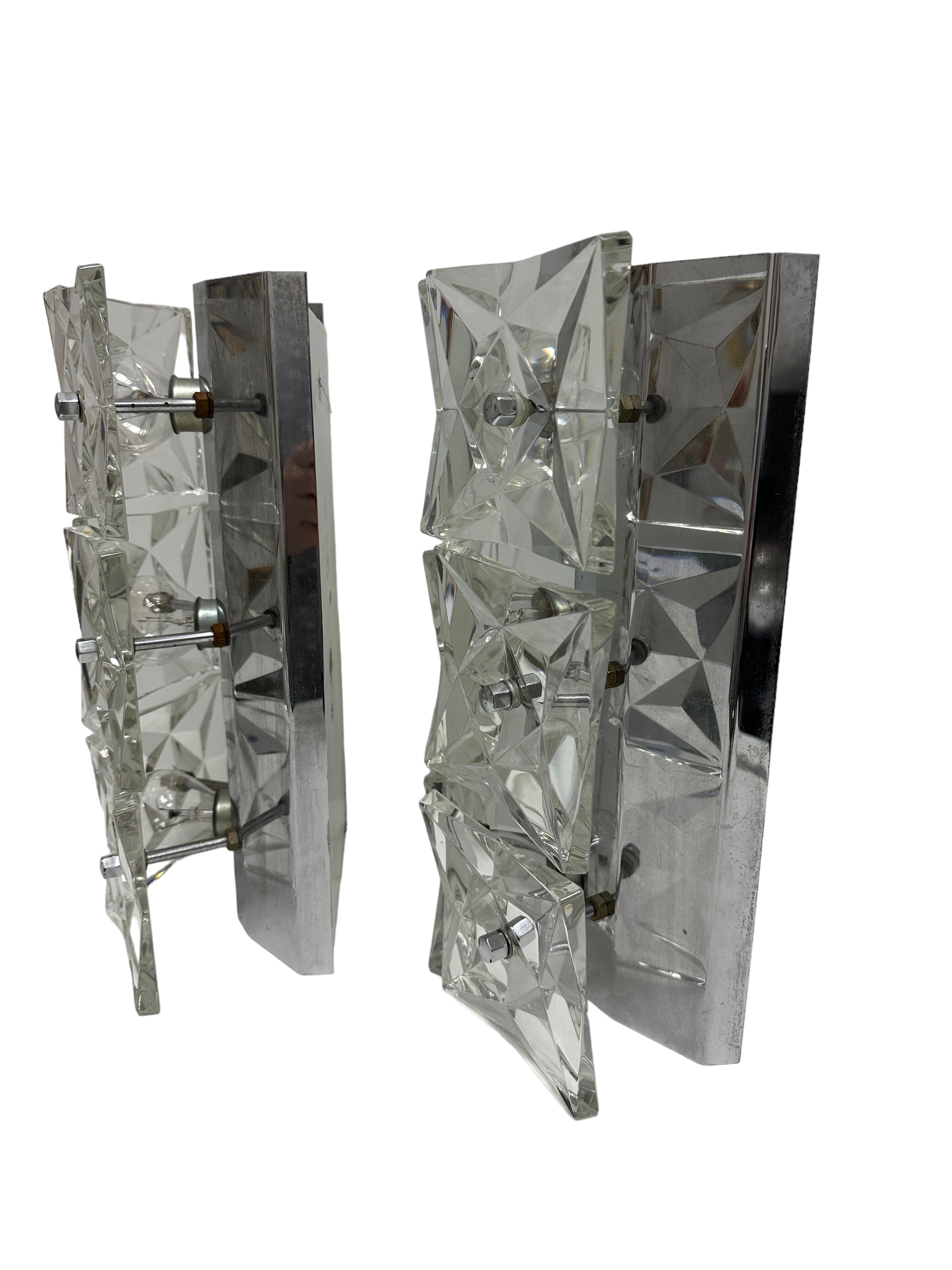 German Pair of Large Crystal Glass Wall Sconces by Kinkeldey, circa 1970s For Sale