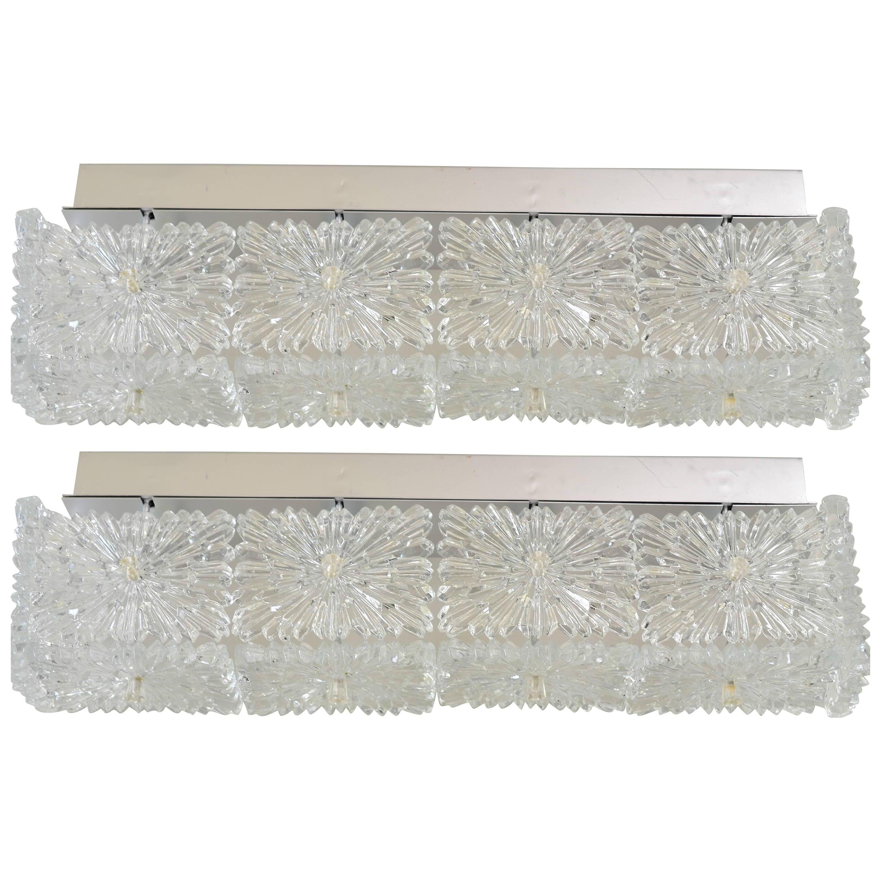 Pair Large Crystal Glass Wall Sconces or Flush Mount Lamps by Kinkeldey