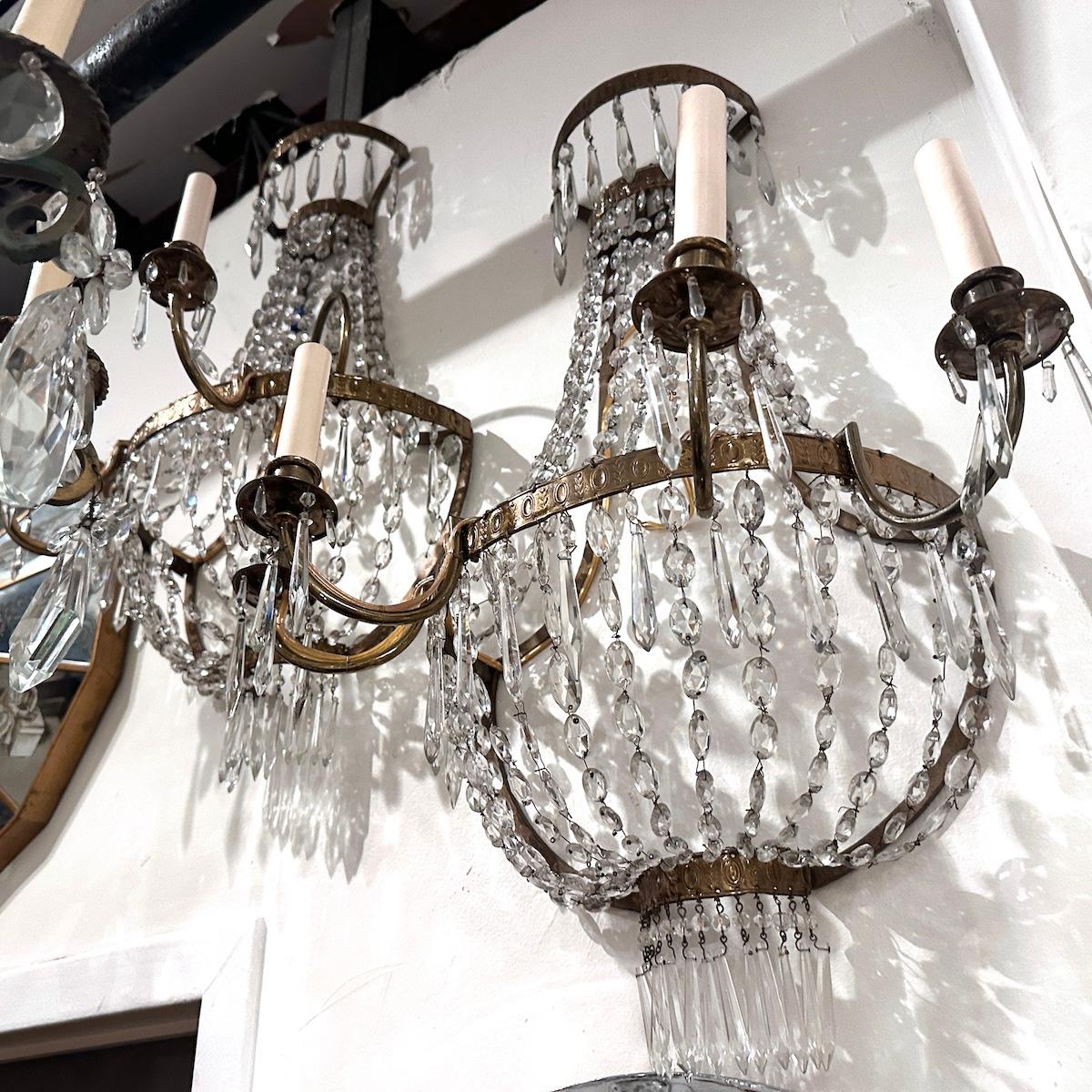 Swedish Pair of Large Crystal Sconces For Sale