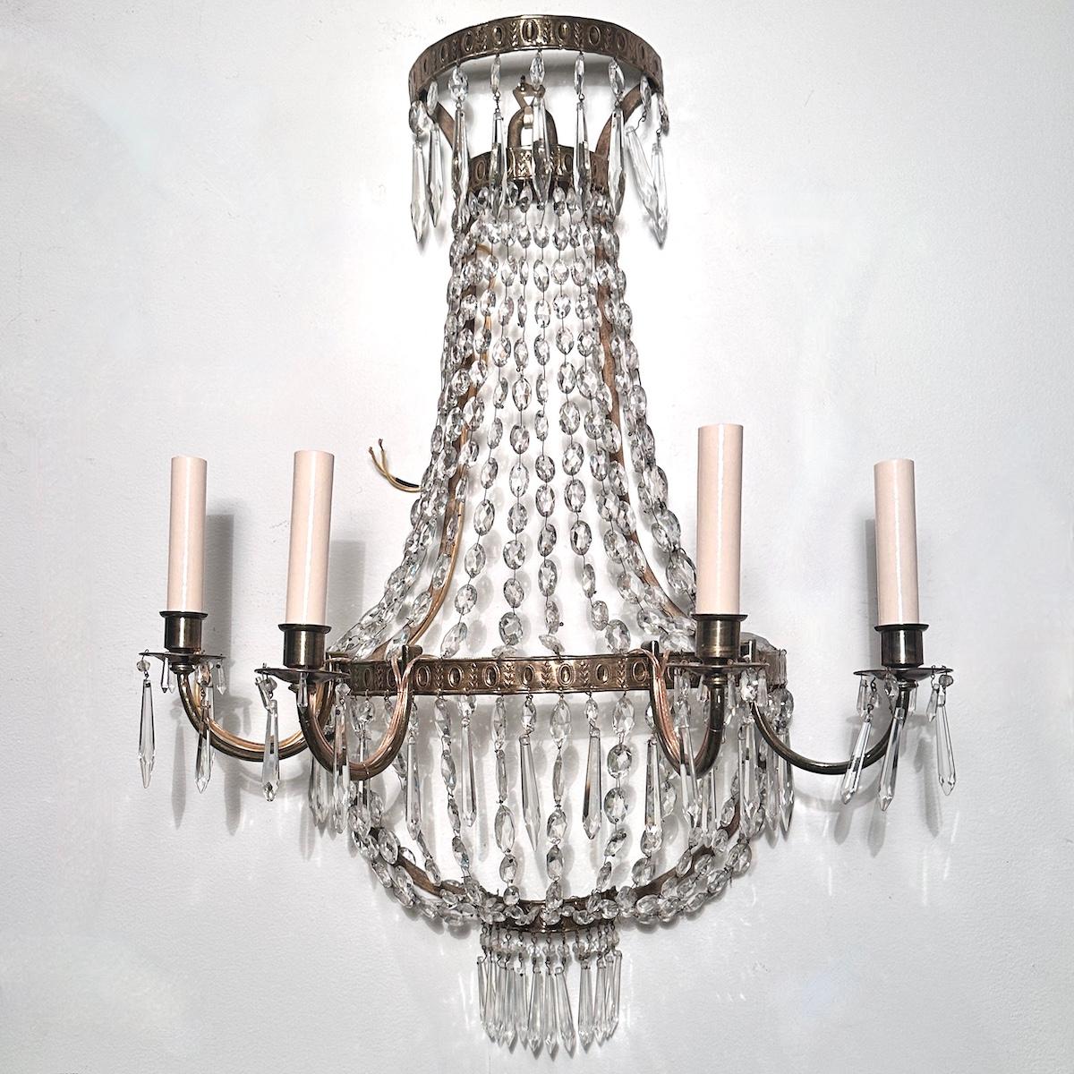 Gilt Pair of Large Crystal Sconces For Sale