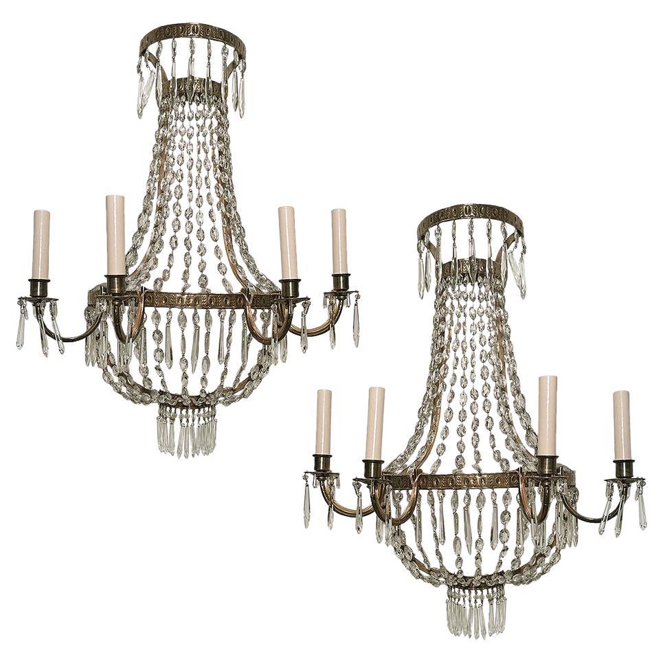 Pair of Large Crystal Sconces For Sale