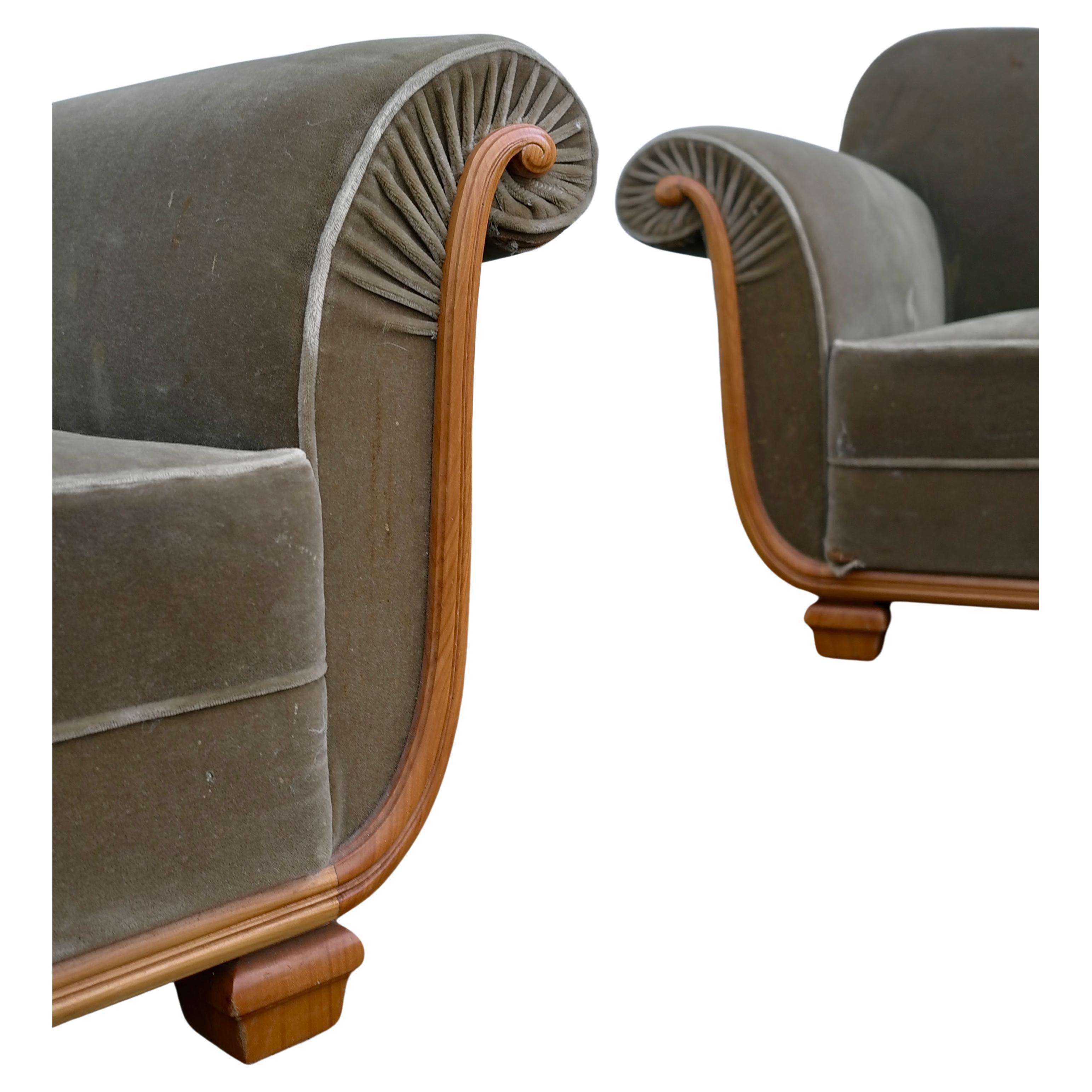 French Pair of Large Curved art-deco Wood and Velvet Armchairs , France 1935